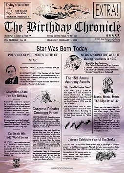 Birthday Chronicle Tailored Time Capsule Newspaper! Was Born On This Day Custom Personalized Historical Art Print from Birth Years 1900 to 2015 Delightfulness