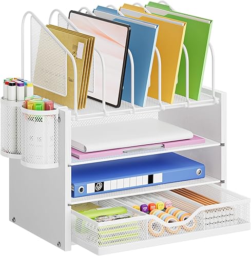 Marbrasse Organizador de escritorio con cajón, organizador de archivos de madera de 4 niveles con 5 soportes verticales para archivos y 2 soportes
