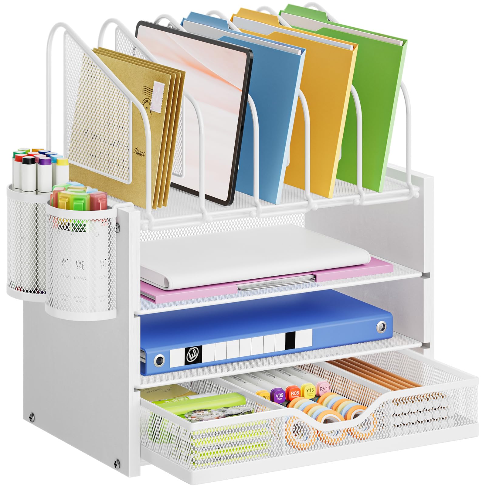 Marbrasse Desk organizer with Drawer, 4-Tier Wooden File Organizer with 5 Vertical File Holders and 2 Pen Holders, Desk Organizers and Accessories for Home Office - White