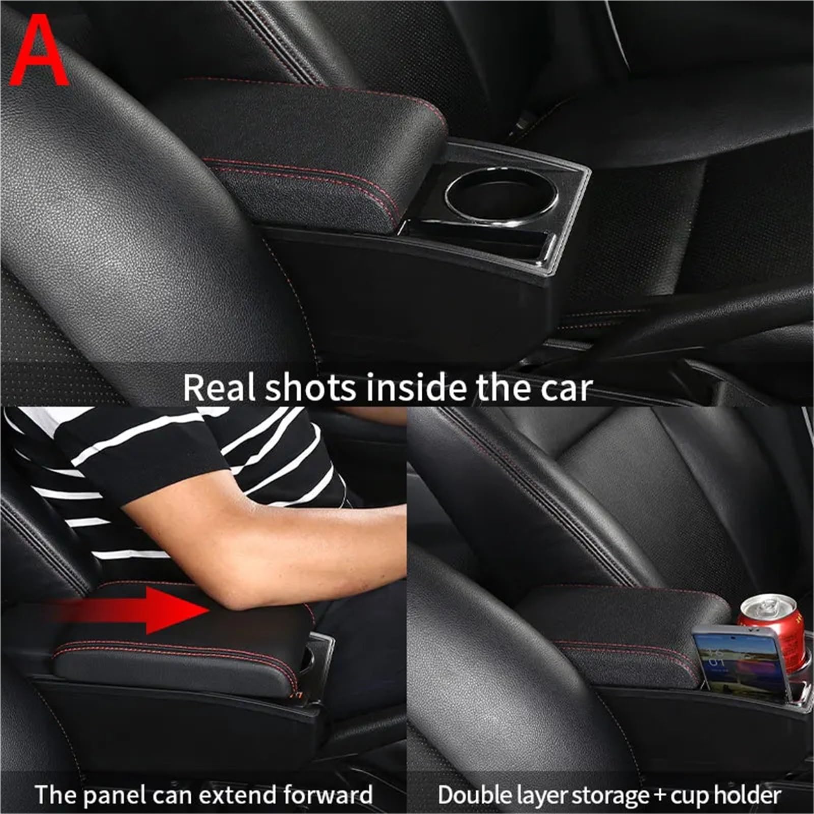 pokrowiec na podłokietnik Ochrona Podłokietnika Uniwersalny schowek samochodowy na podłokietnik, uniwersalny model, schowek na akcesoria samochodowe, części do modernizacji(A2 Black line NO USB)