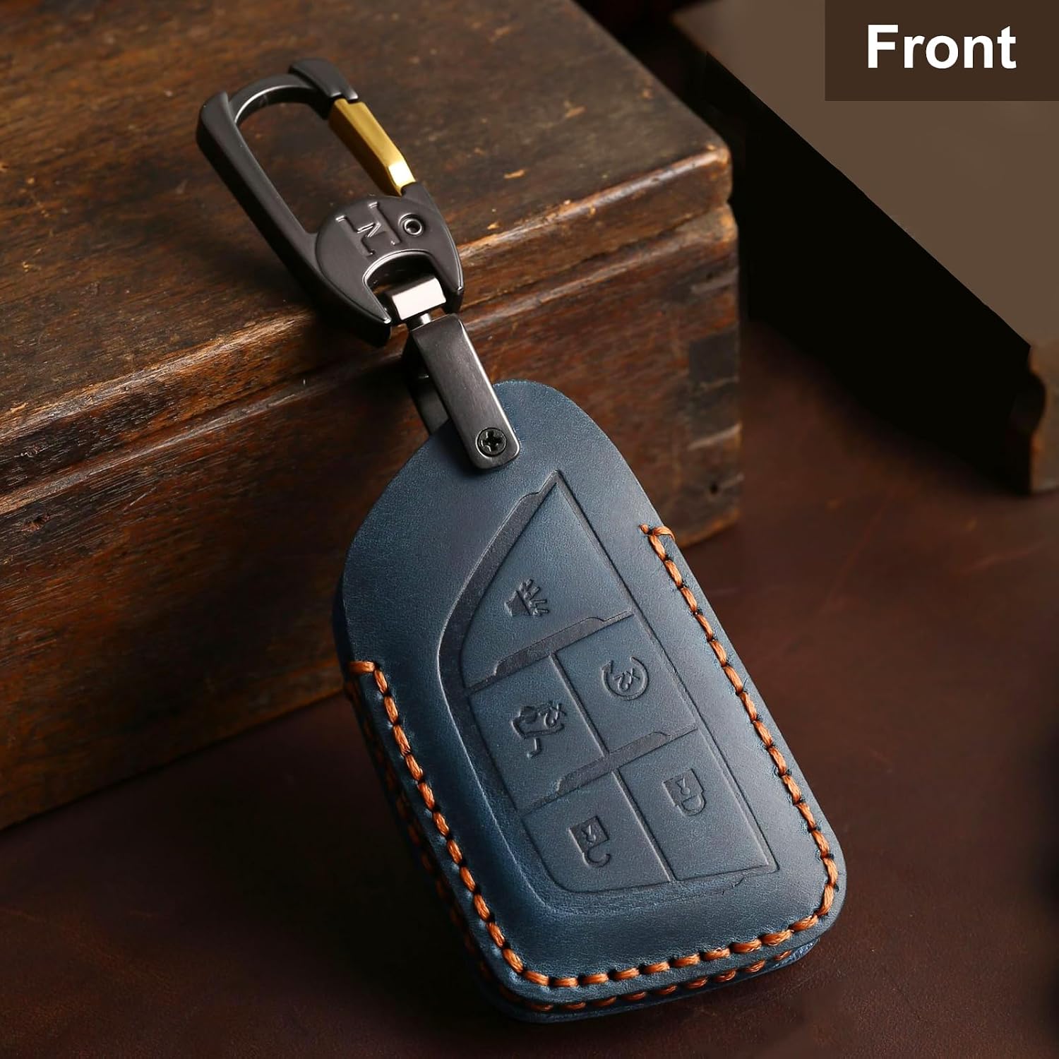 5 Buttons Leather Key Fob Cover, Compatible with Cadillac Escalade CT4 CT5 CT6 XTS XT4 XT5 ATS Lyriq 2020-2026 2027, Retro Style Design Key Holder Protector, Blue image 3