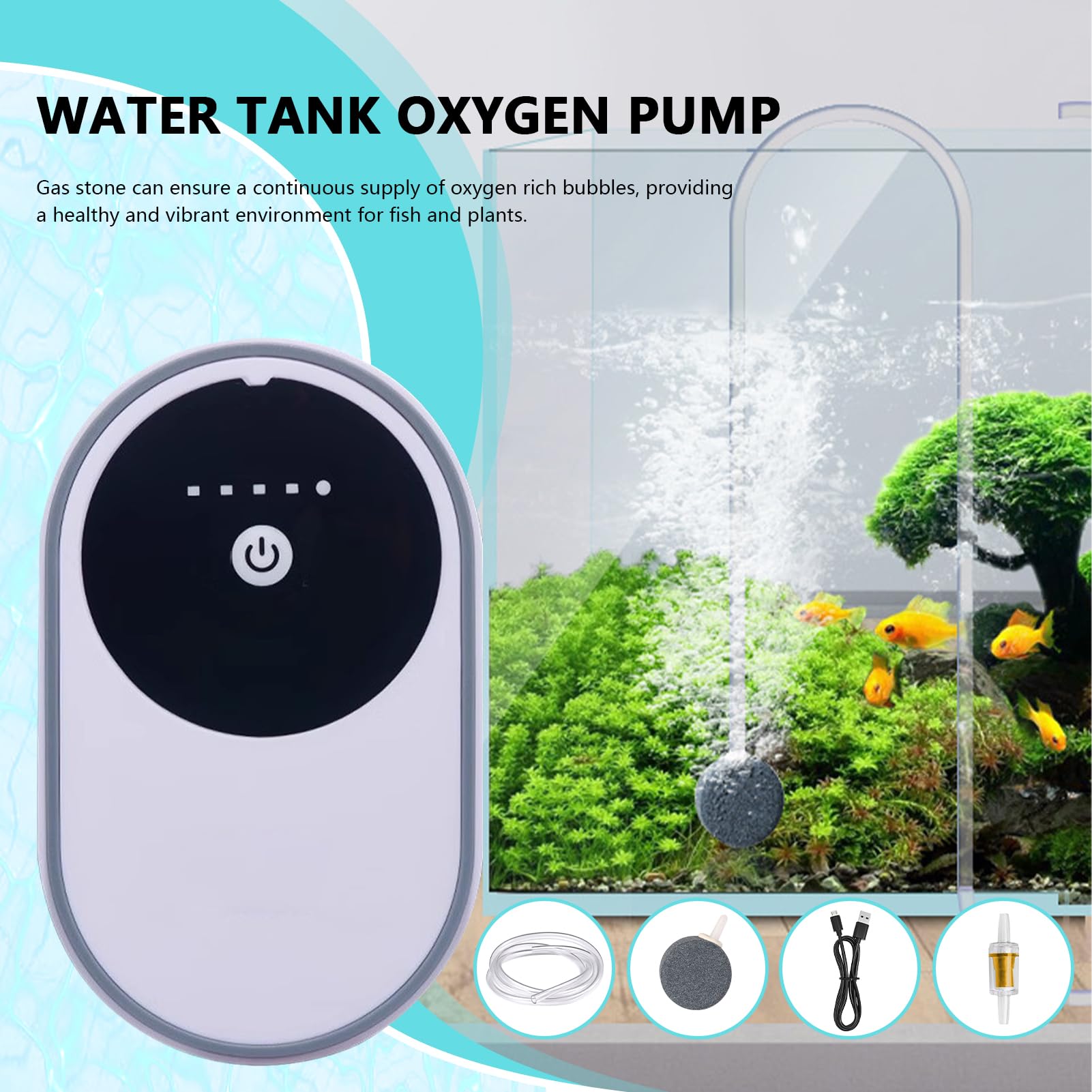Bomba de aire para acuario, tanque de agua, oxígeno, carga USB ligera, peces, cubos y tanques