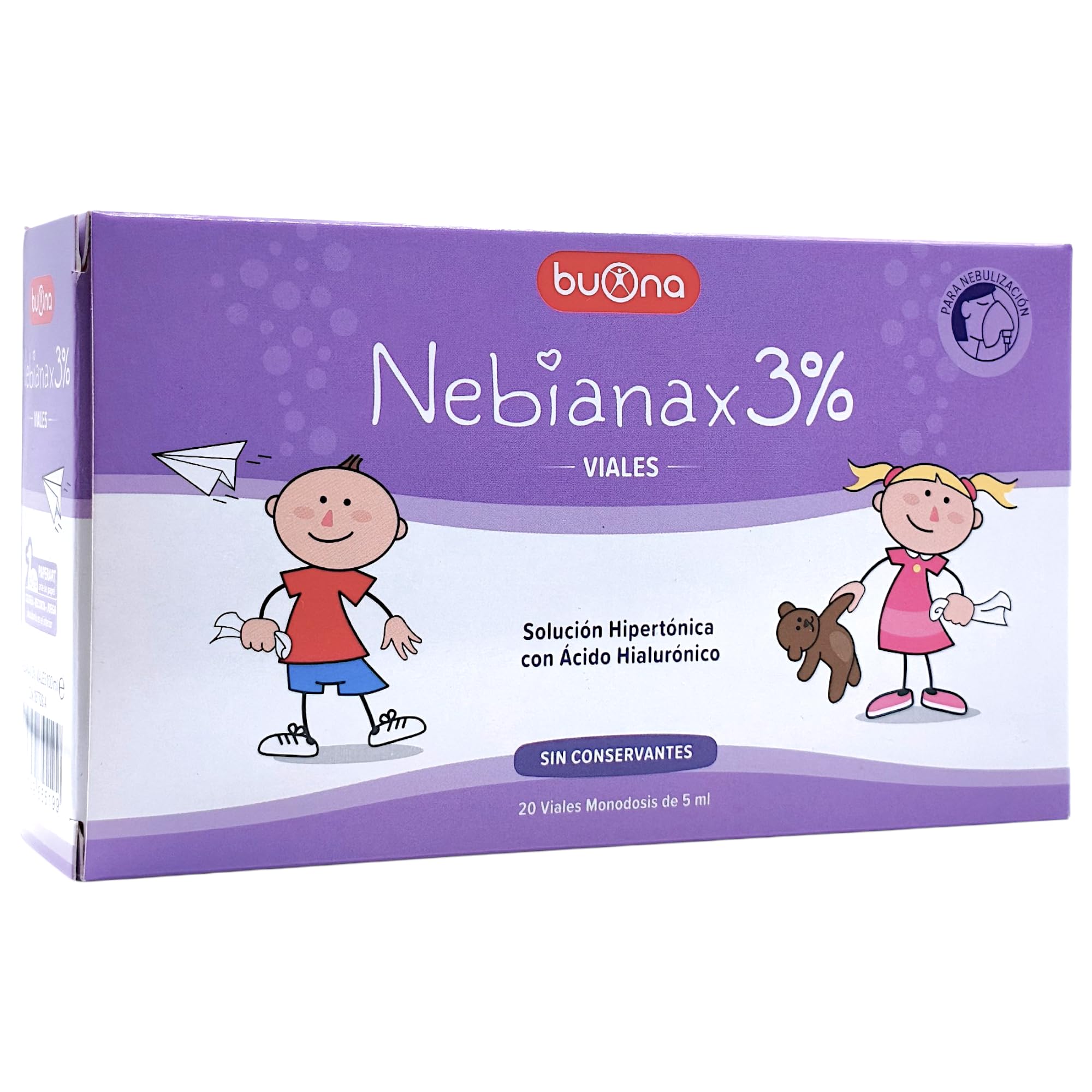 Buona Nebianax 3% Solución Salina Hipertónica con Ácido Hialurónico 20 Viales de 5ml - Descongestivo Nasal para Bebés y Niños - Alivio Rápido de Mocos y Congestión - Apto para Aerosolterapia - Nebial