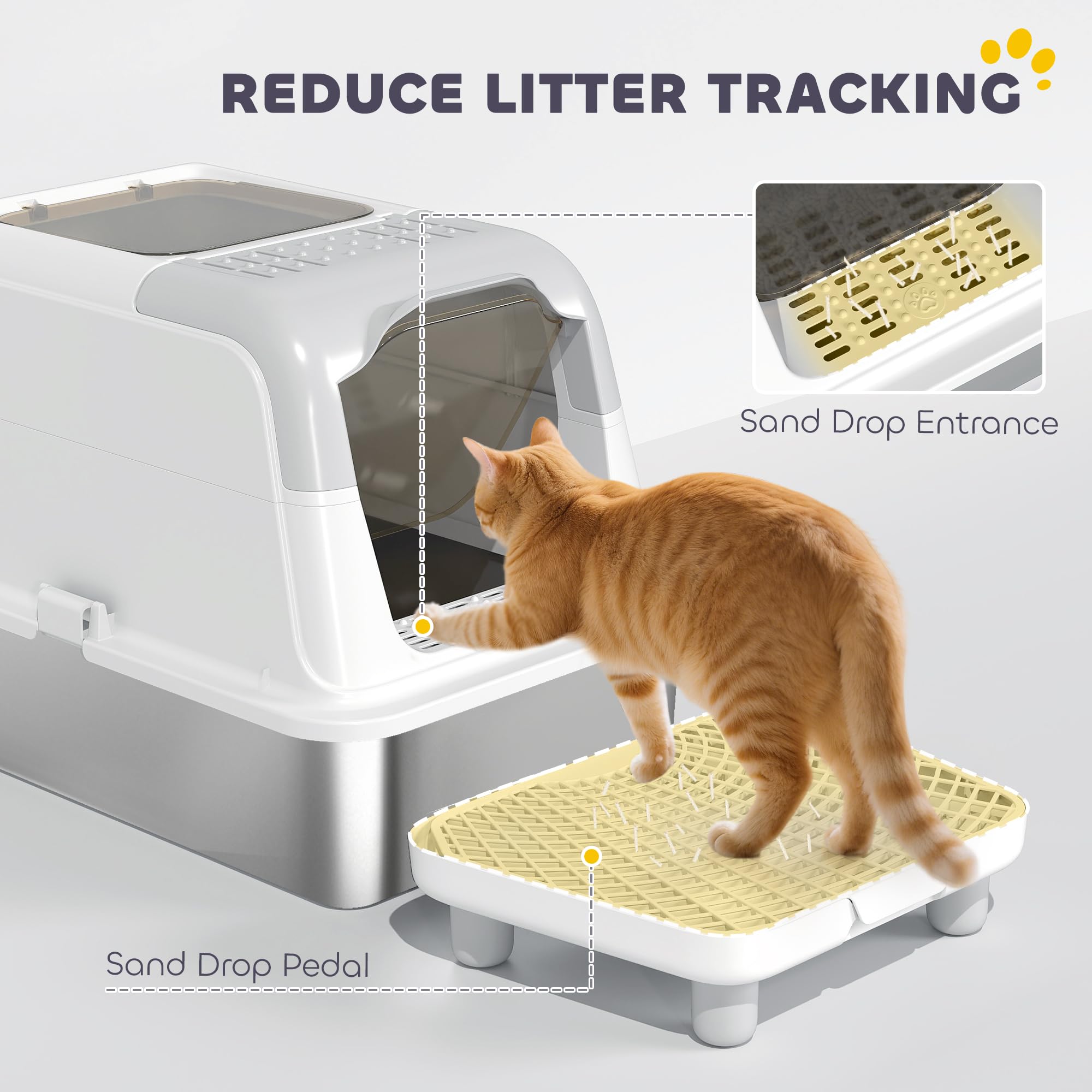PawHut Stainless Steel Litter Box, Extra Large Enclosed Cat Litter Box with Front-Entry and Top-Exit, Scoop, Deodorizer Bag, Sand Drop Pedal, Anti-Urine Leakage, Non-Sticky and Easy to Clean - image 5