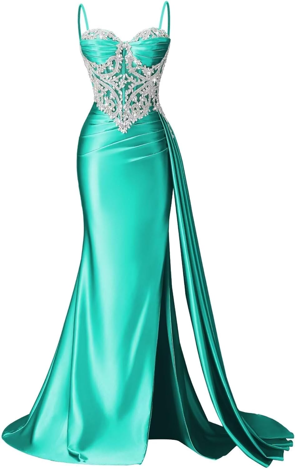 Satin Beaded Sweetheart Prom Dress Crystal Spaghetti Straps Formal Dresses Corset Pleated Evening Dress with Slit