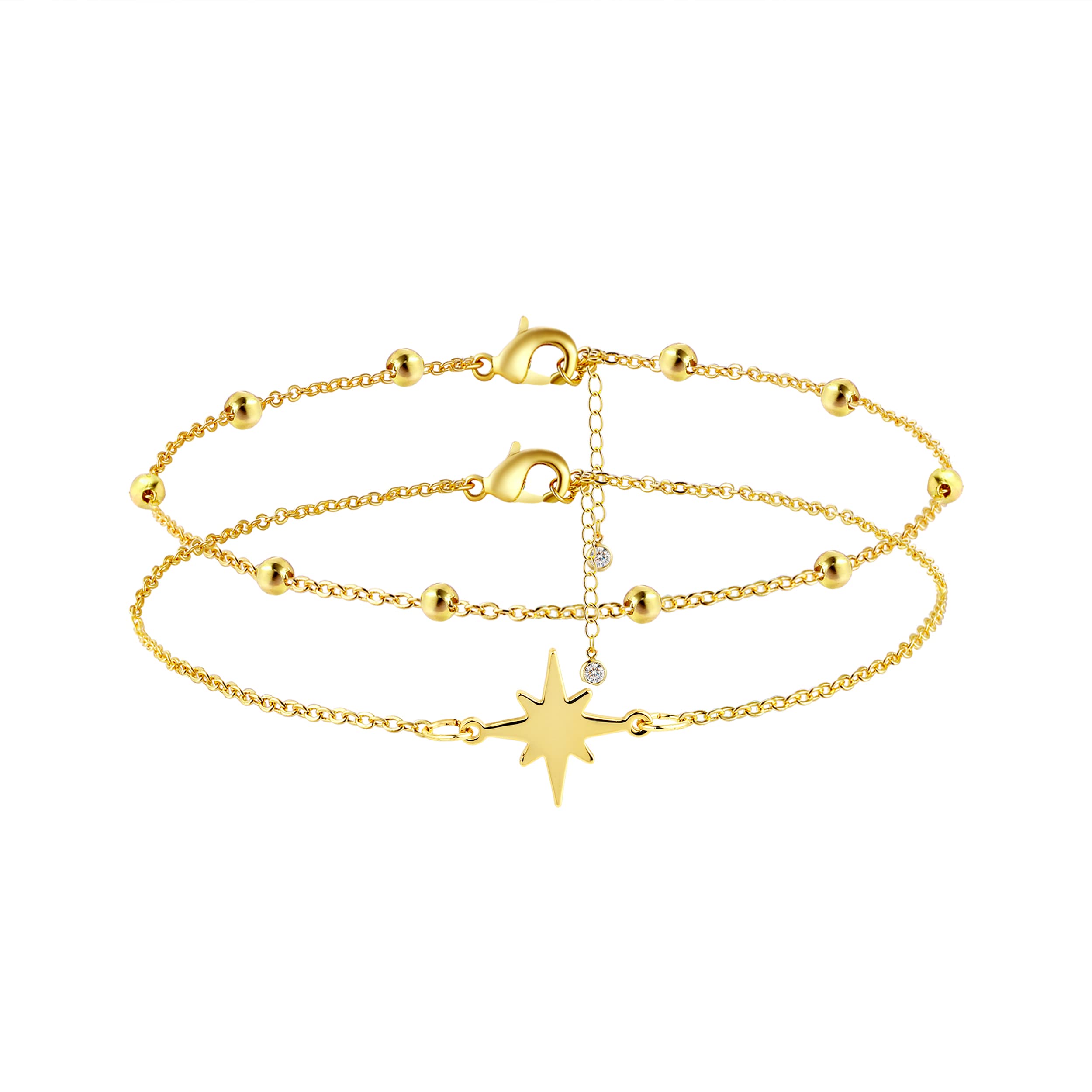 LEXODY14K Gold Plated Dainty Layered Bracelets Set for Women Adjustable Layered Herringbone Bracelet Cuban Figaro Dot Snake Bracelets Jewelry Gift, no gemstone