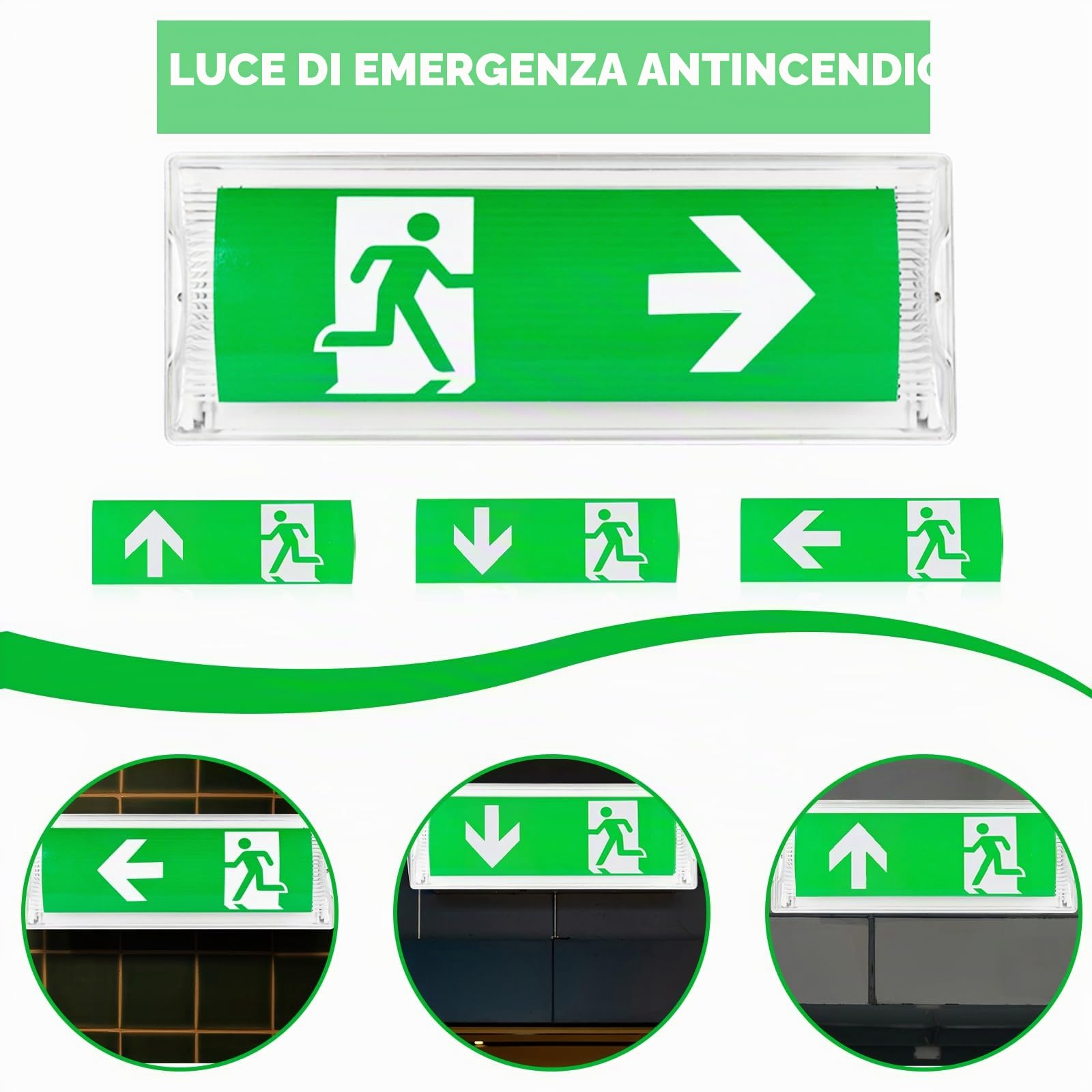 Illuminazione di emergenza a LED: lampada di emergenza impermeabile IP65, illuminazione a LED, luce di emergenza con batteria di emergenza 3 ore, luce di uscita di emergenza con 4 icona di