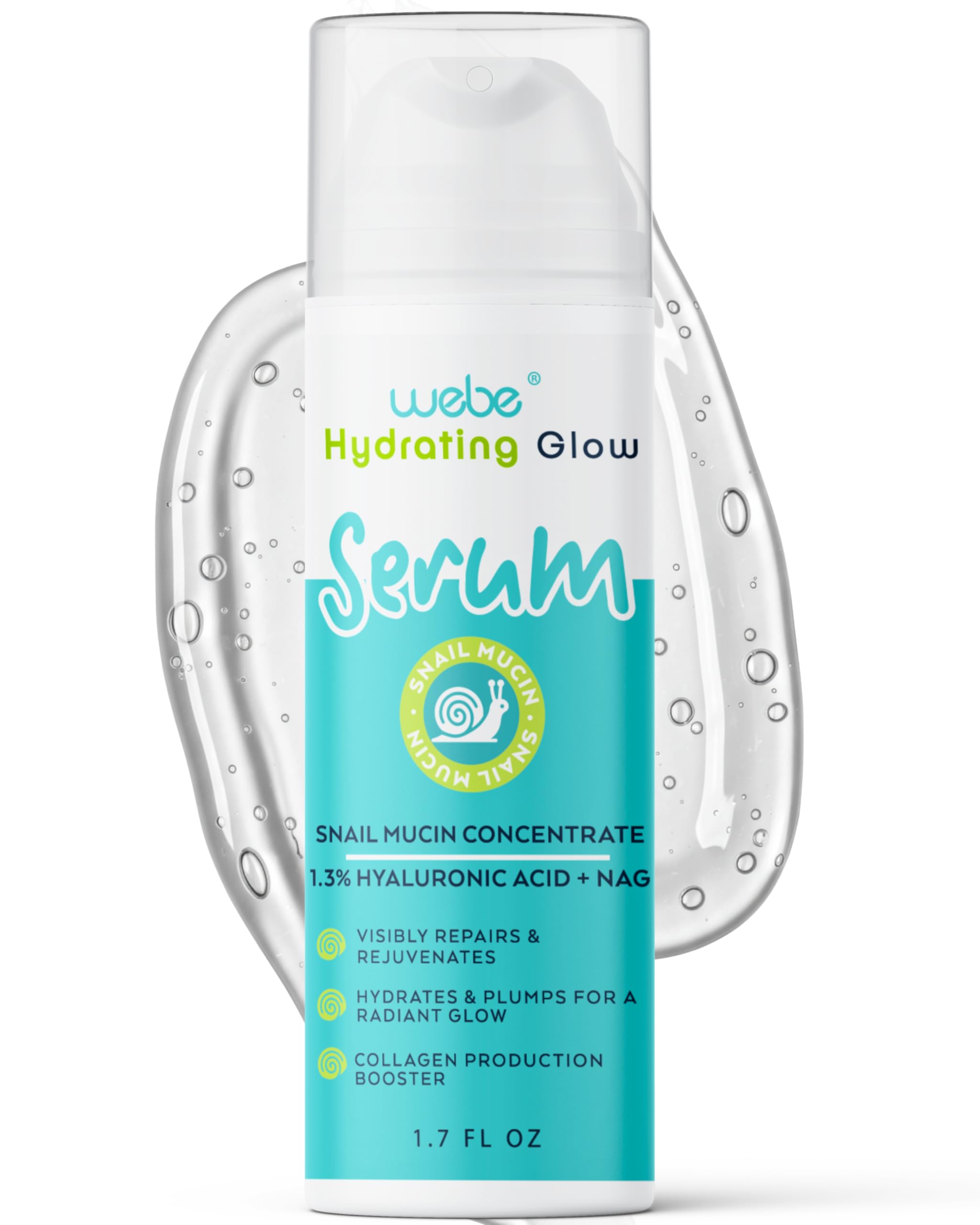 WEBE Naturals Snail Mucin 94% Hydrating Glow Serum | 1.3% Hyaluronic Acid & N-Acetyl Glucosamine | Collagen Boosting, Plumping, Anti Aging, Intense Moisturizing Serum for Radiant, Dewy Skin