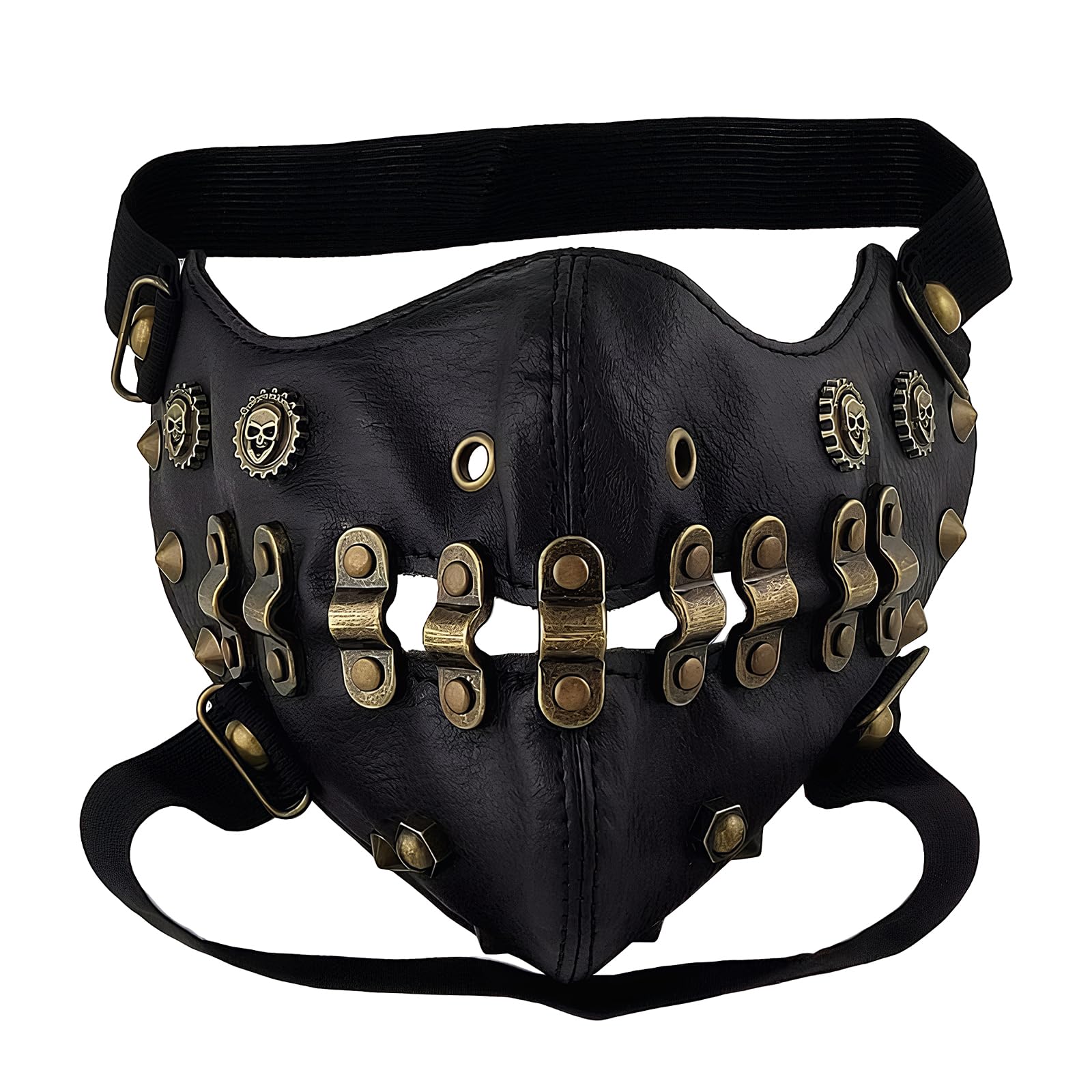 TINAYAUE Steampunk Gothic Mask PU Leather Punk Face Mask for Halloween & Cosplay, Black With Bronze Hardware