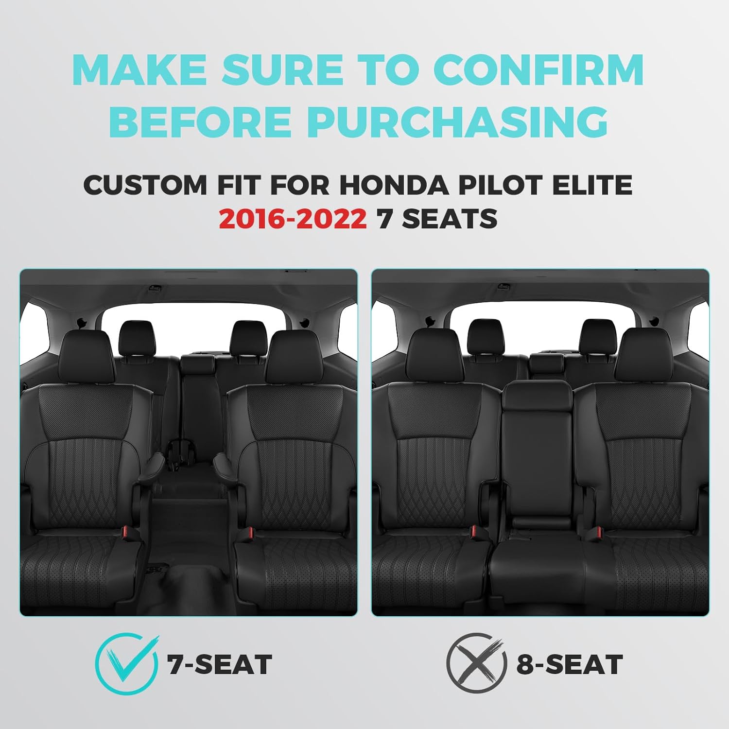 Customized for Honda Pilot Seat Covers Full Set, Custom Fit Pilot Elite 2016 2017 2018 2019 2020 2021 2022 -Three Rows 7 Seats, Waterproof Faux Leather Full Coverage (Black)
