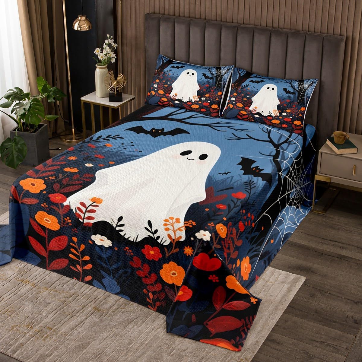 Manfei Witch Princess Kids Bedspread Queen Size,Moonnight Jungle Flowers Psychedelic Coverlet Set,Girls Women Room Decor,Gothic Halloween Theme Quilted Coverlet,Black Bedding Quilt,2 Pillowcases