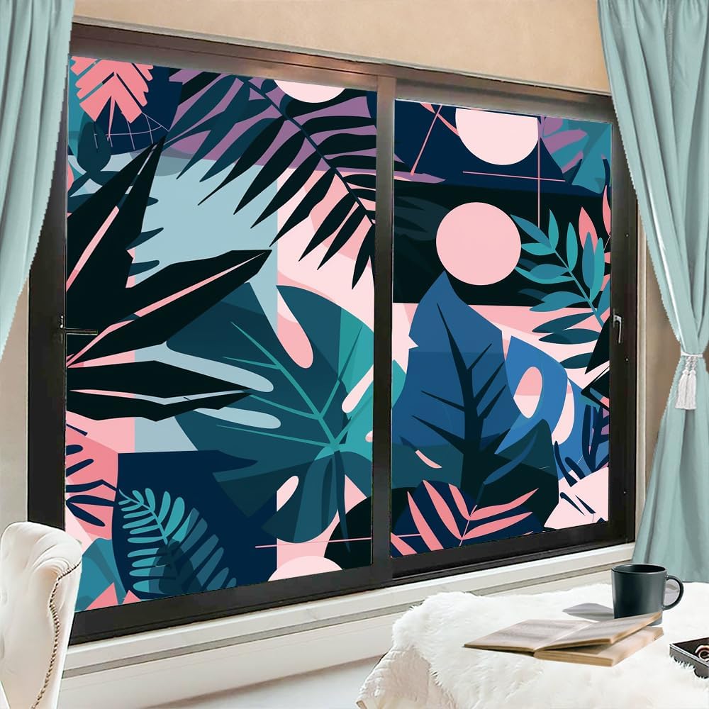 Tropical Leaves Stained Glass Window Film Colorful Modern Plants Pictures Privacy Window Film Self-Adhesive Glass Film Decor Glass Sticker Frosted Film for Home Office 35.4Wx63L-inch x2 Pcs