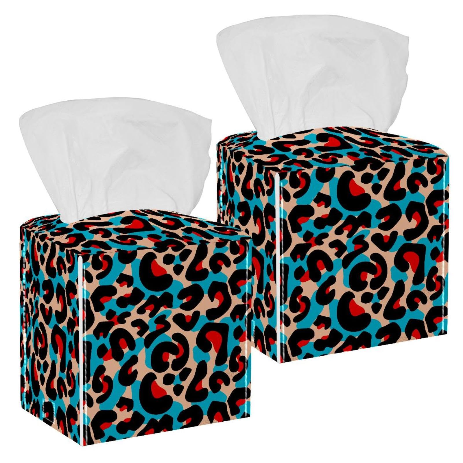 2 Pack Leopard Pattern Tissue Box Cover Holder Square Tissue Foldable Cube Cover PU Leather Tissue Organizer with Bottom Belt for Bathroom, Tabletop, Car, Night Stands, Office