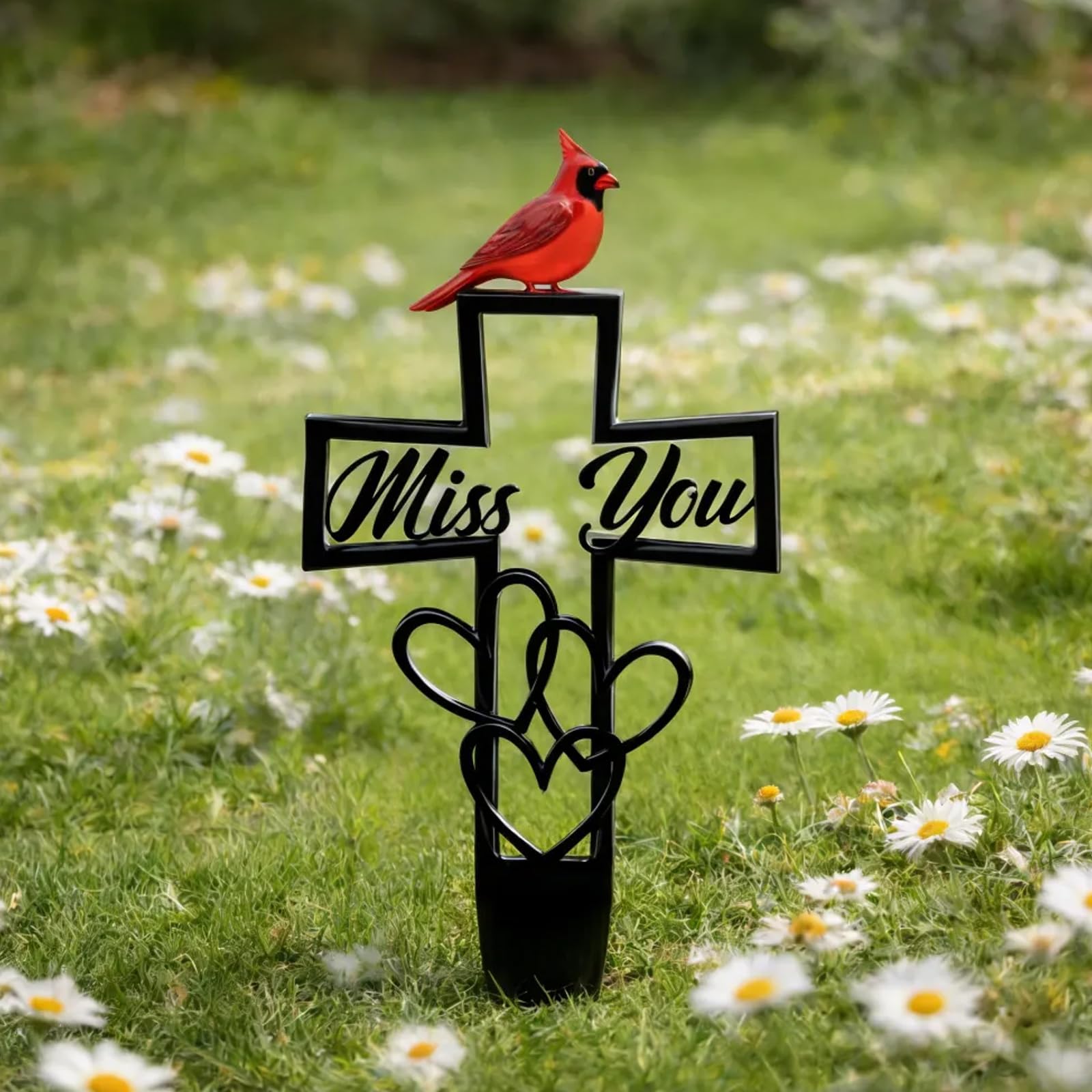 Metal Cemetery Memorial Plaque for Remembrance, Cardinal Memorial Grave Stakes Cross with Miss You Script & Heart Accent, Outdoor Ground Markers for Cemetery, Garden (1 PC) — view 3