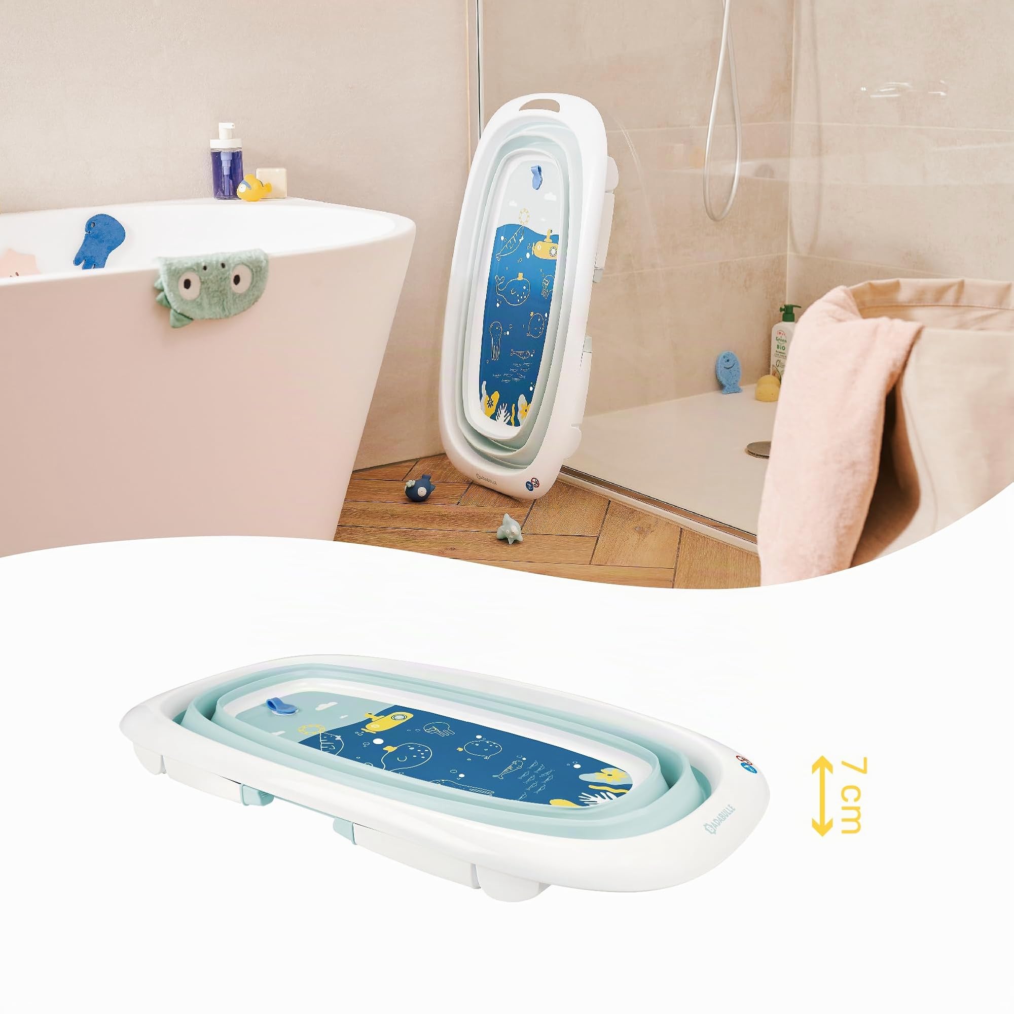 Badabulle Bañera bebé plegable - Ultracompacta - 35 l - Patas antideslizantes - Tapón de vaciado y piloto de temperatura - Asa para transporte y secado