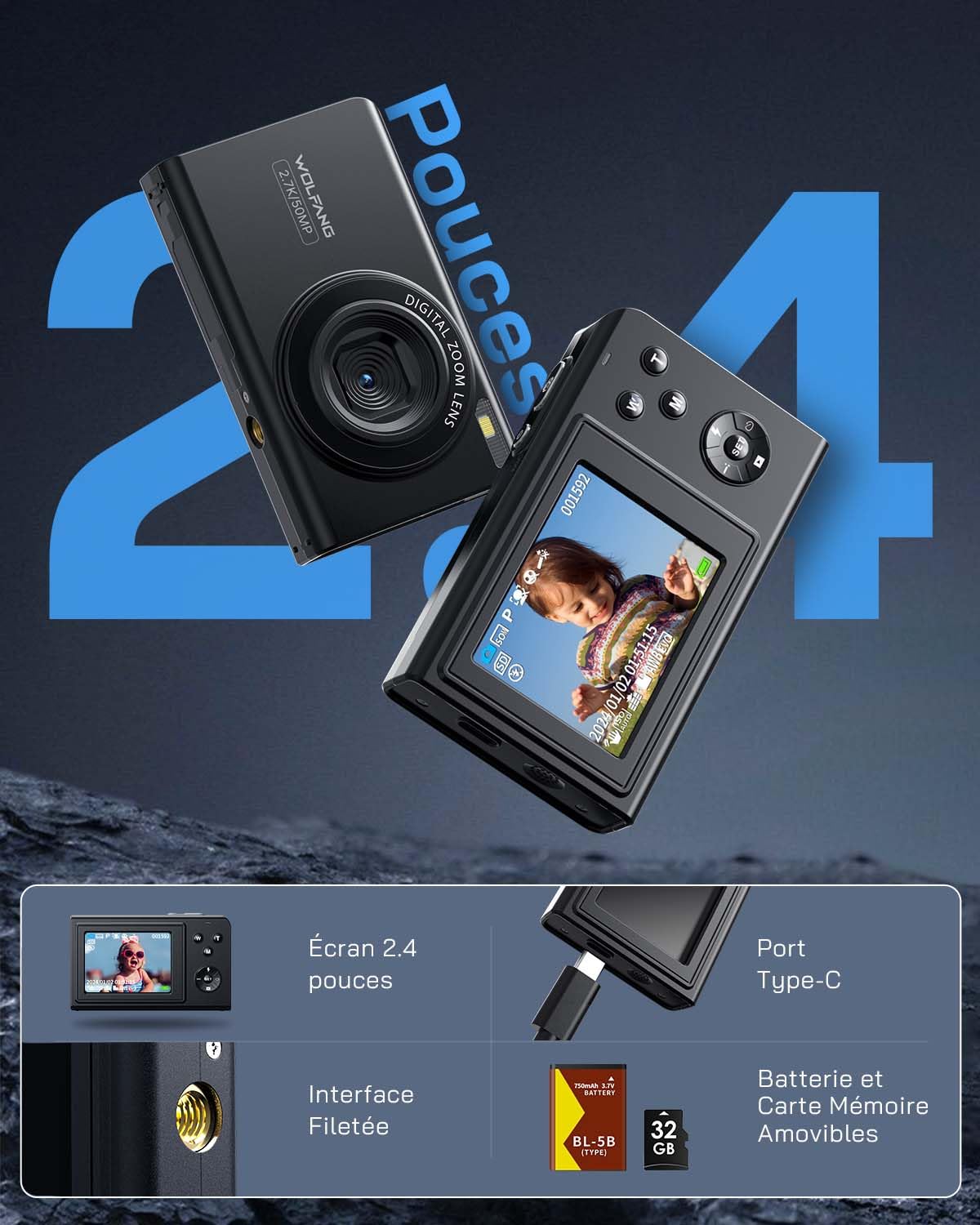 WOLFANG Appareil Photo numérique, caméra Enfant 2,7 K pour Photographie, vlogging compacte 50 MP, caméra vidéo Zoom numérique 16x, numérique Point de Mise au Point Automatique et