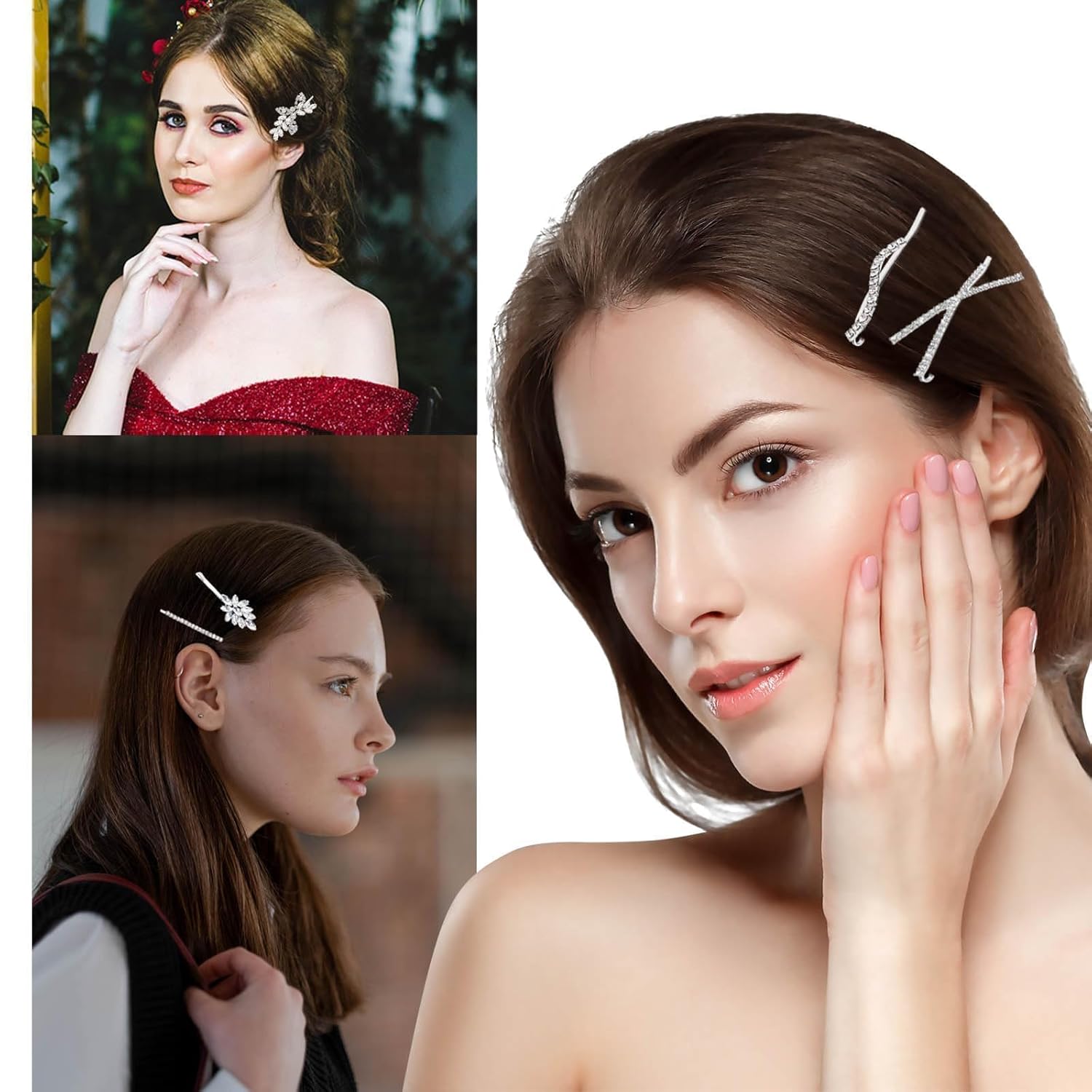 6 Pieces Delicate Bridal Hair Clips, Rhinestone Leaf Wedding Hair Pins, Crystal Bobby Pins, Silver Elegant Hairpins Jewelry Accessories Barrette for Brides Bridesmaids Flower Girls - Image 5