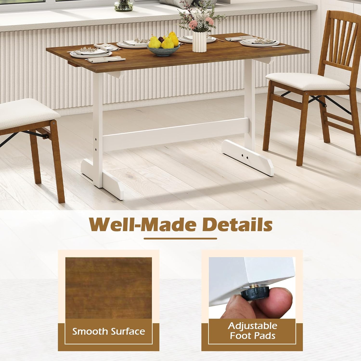 Giantex 55" Dining Table for 4-6, Farmhouse Kitchen Table with H-Shaped Rubber Wood Leg, Adjustable Foot Pads, Rectangular Wood Dinner Tables for Dining Room, Home Office, Living Room, Dinette