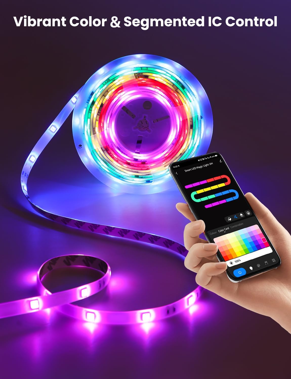 RGB+IC LED Strip Light, 32.8ft Smart LED Light for Bedroom, Bluetooth APP Control, Color Changing LED Strip Lighting, 44 Scene Modes, Music Sync, TV Backlight Behind Strip, Home Decor, Gaming Room