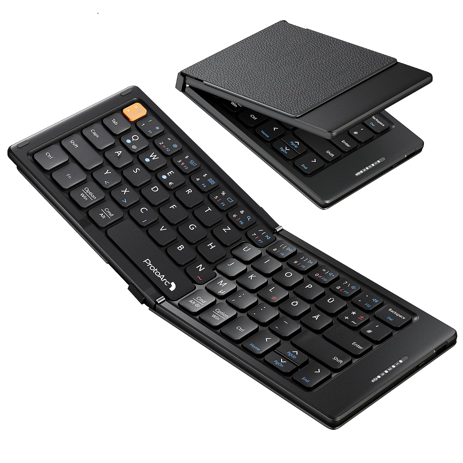 ProtoArc Faltbare Kompakte Tastatur QWERTZ, XK04 Mini Tragbare Reise Bluetooth-Tastatur mit PU-Lederhülle für iPad iPhone Mac Android Windows iOS - Schwarz