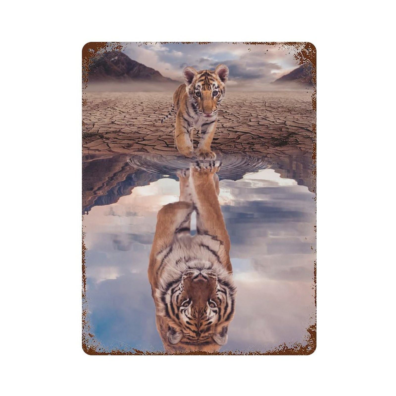 Vintage Rust Metal Sign Tiger Cub Water Reflection 15.7"x11.8", Old School Wall Decor for Garage, Bar And Workshop Decor