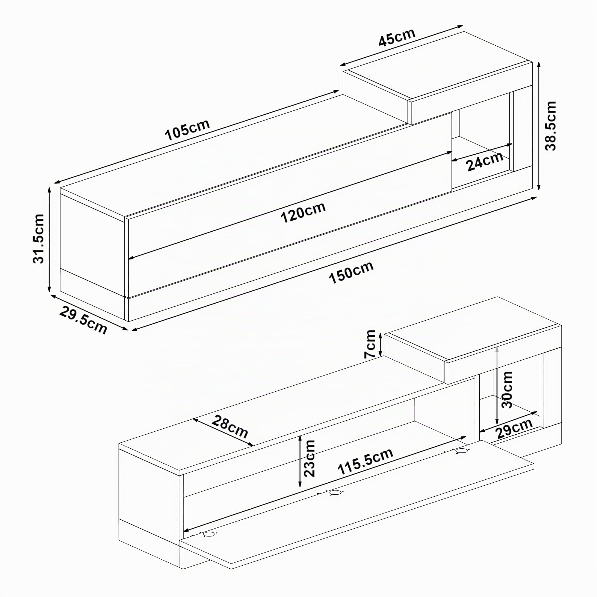 [en.casa] Fernsehschrank Luhanka Fernsehtisch mit Staufach Lowboard 150x29,5x38,5cm hängend TV-Board Eiche/Anthrazit