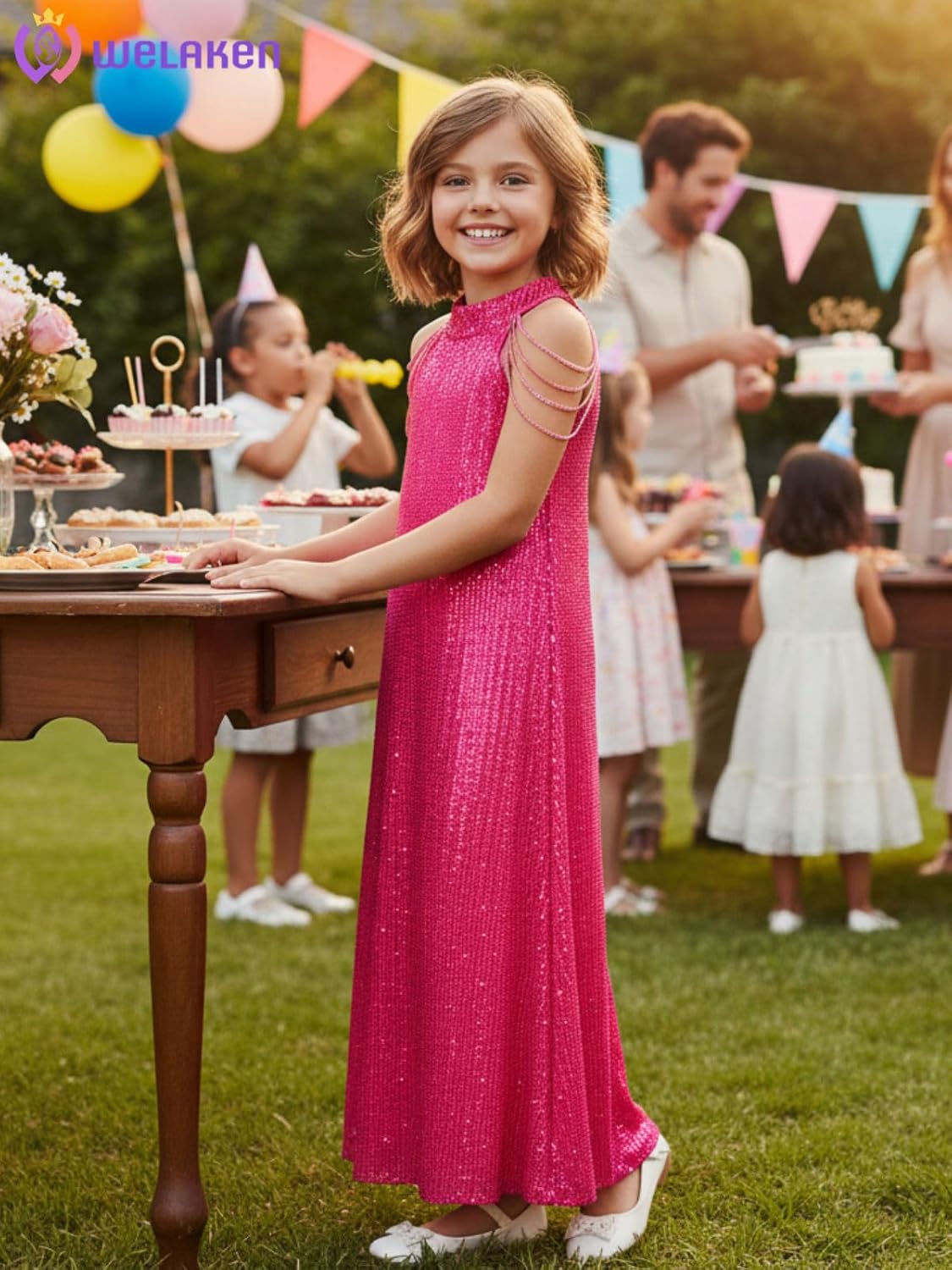 WELAKEN Girls Sequin Dress for Kids Sparkly Halter Neck Sleeveless Casual Party Wedding Twirl Dresses - Image 3