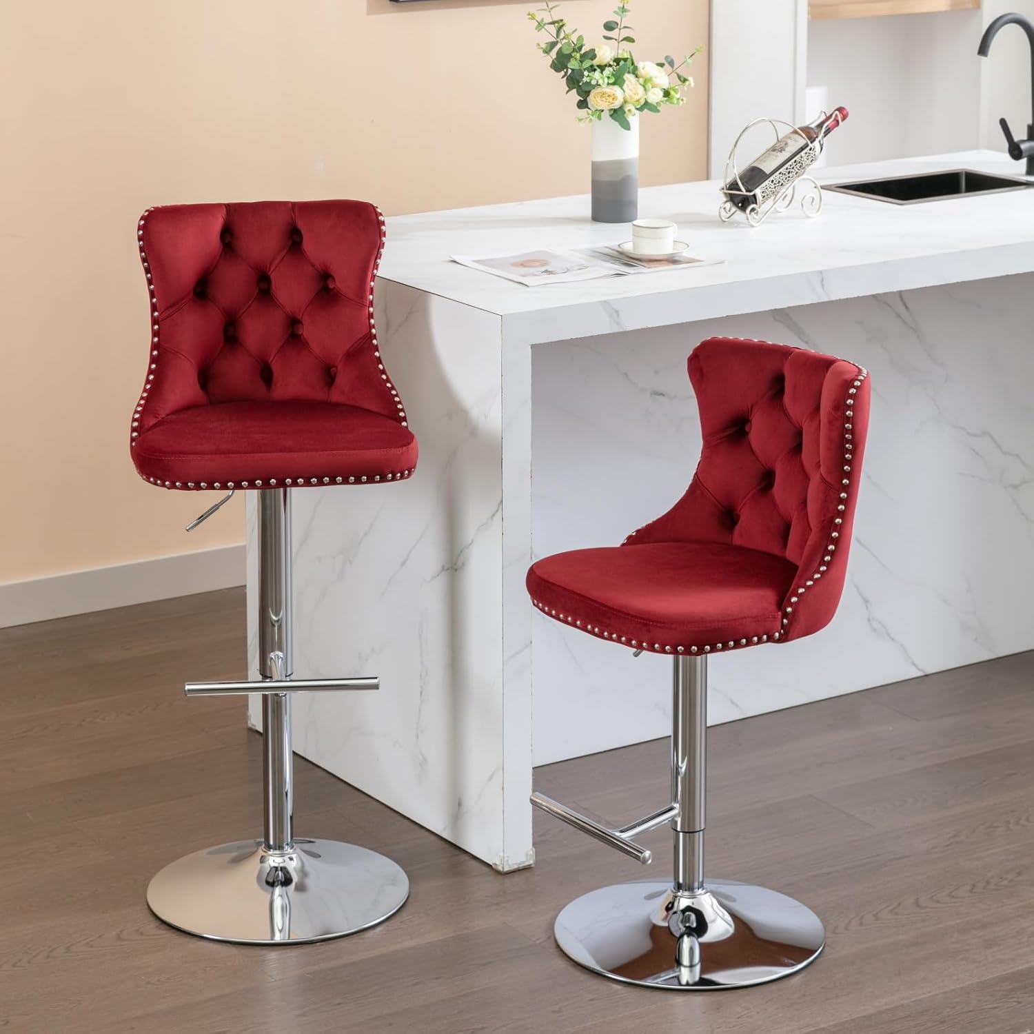 Merax Swivel Bar Stools Set of 2, Adjustable Counter Height Velvet Upholstered Barstools with Nailheads Trim, Button Tufted Back and Silver Footrest, Bar Chairs for Dining Room Home Bar Kitchen, Red