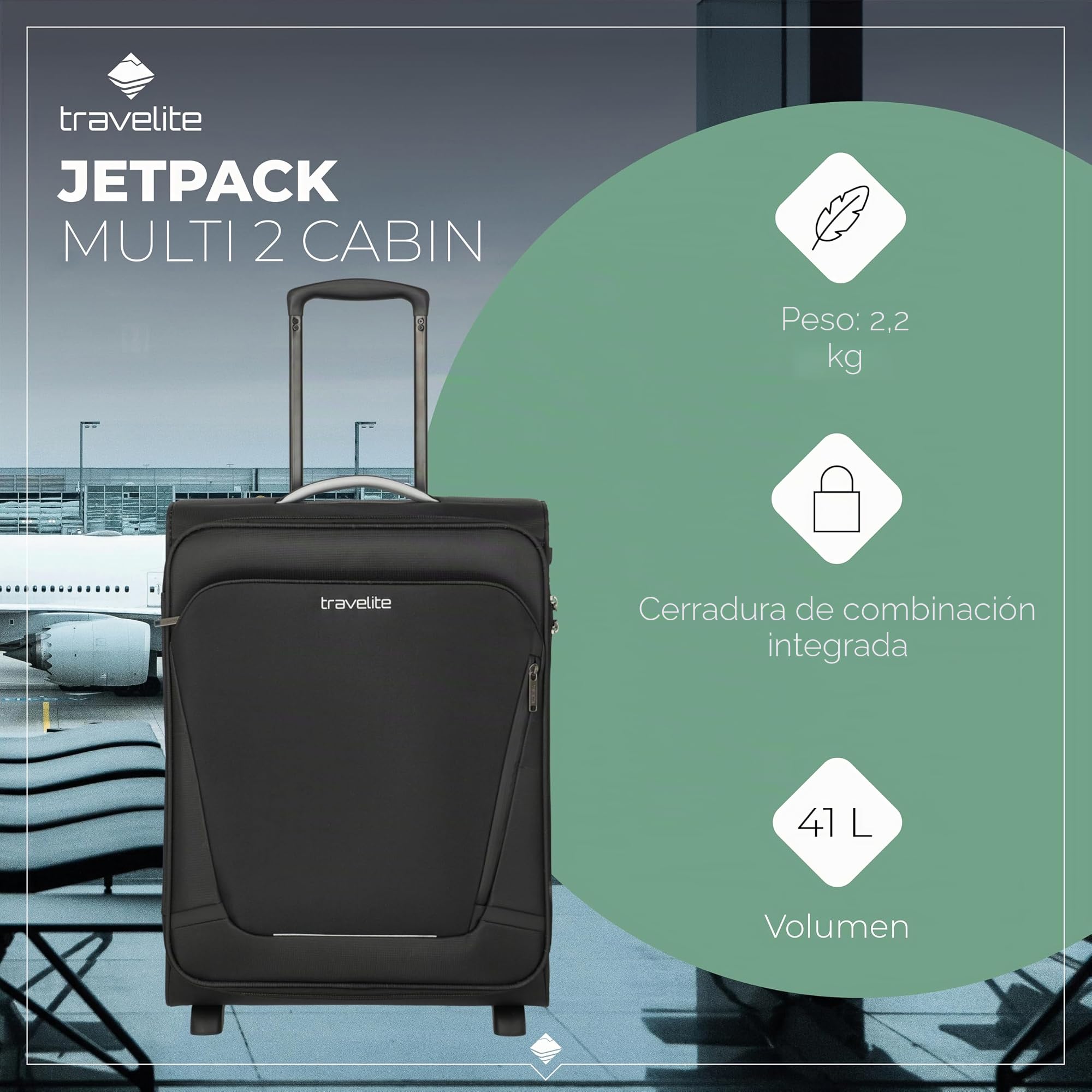 travelite Maleta de Equipaje de Mano con 2 Ruedas para Condor + Ryanair, Cerradura de combinación integrada, Trolley de Equipaje Blando Compacto con función de Enganche, 55x40x20 cm, 41 l, 2,2 kg