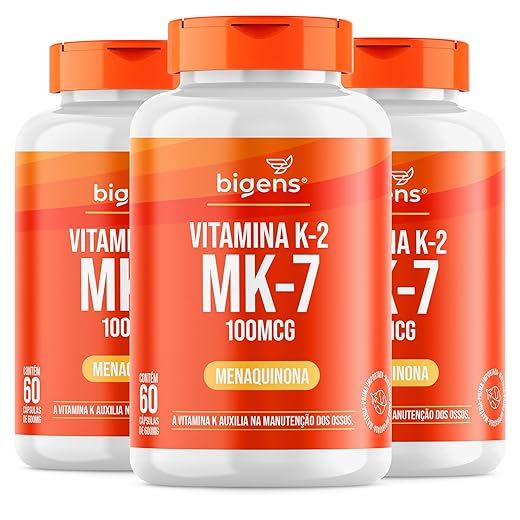 Vitamina K2 Mk-7, (Mk7) 100 Mcg, Bigens, Kit 3x 60 cápsulas