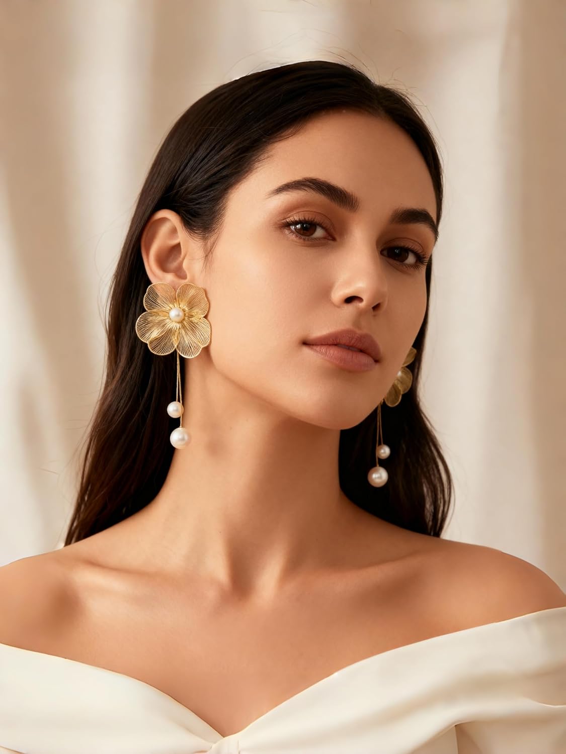 Kaleido Fashion Pearl Drop Earrings for Women, 18K Gold Plated Large Floral Botanical Dangle Earrings, Statement Boho Hypoallergenic Lightweight Jewelry, Gift for Wedding, Party, Special Occasions - Image 3