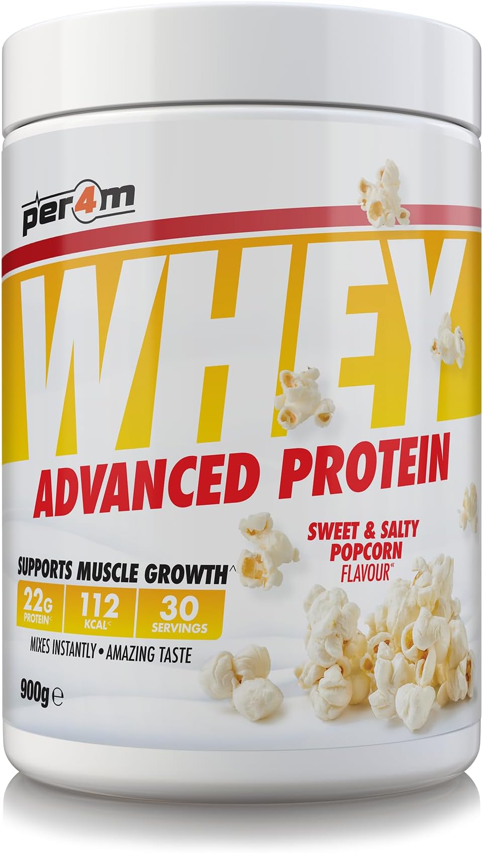 Per4m Whey Protein Powder | High Protein Shake for Muscle Growth & Recovery | Low Sugar Gym Supplement | Sports Nutrition Drink + Amino Acids (900g, Sweet & Salty Popcorn)