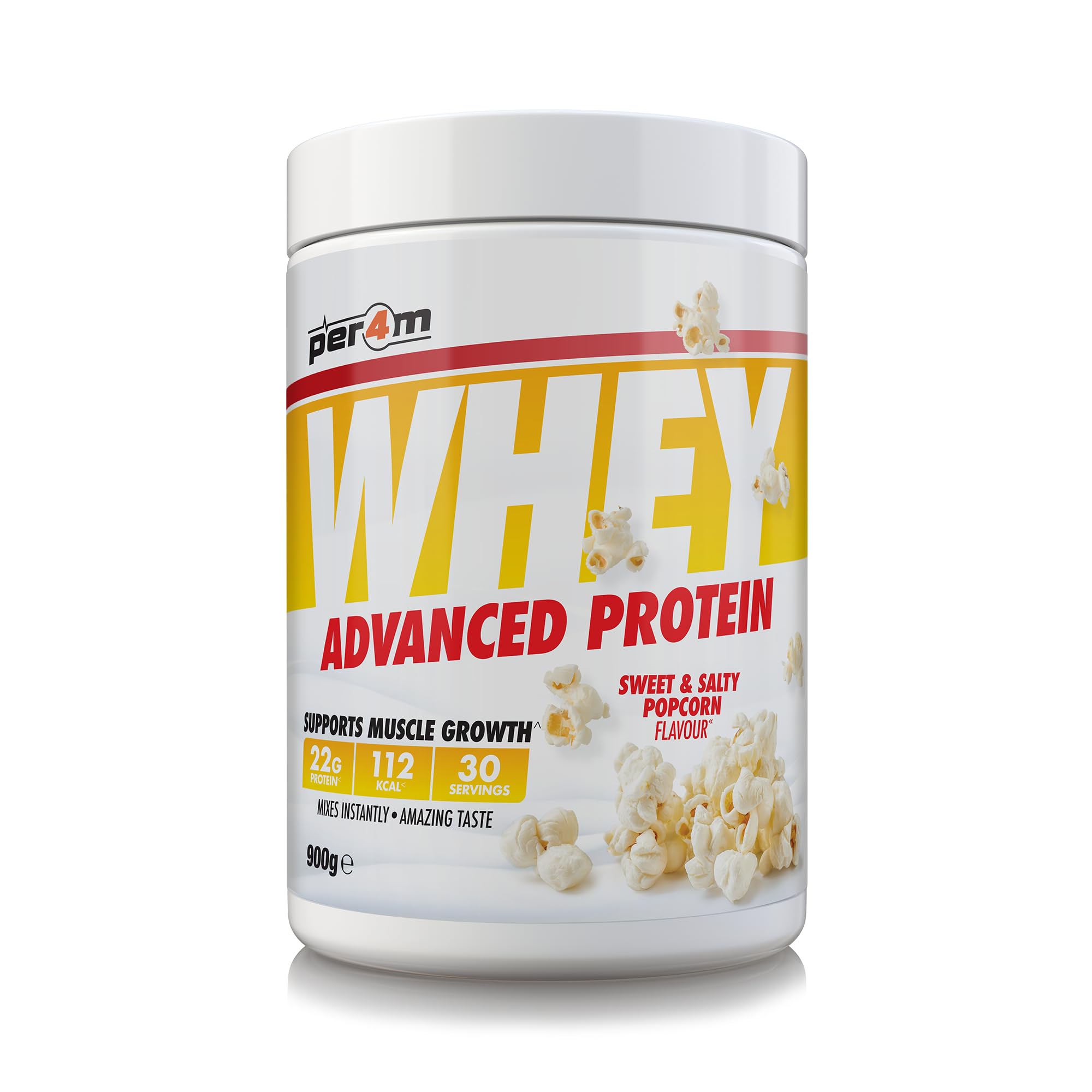 Per4m Whey Protein Powder | High Protein Shake for Muscle Growth & Recovery | Low Sugar Gym Supplement | Sports Nutrition Drink + Amino Acids (900g, Sweet Salty Popcorn)