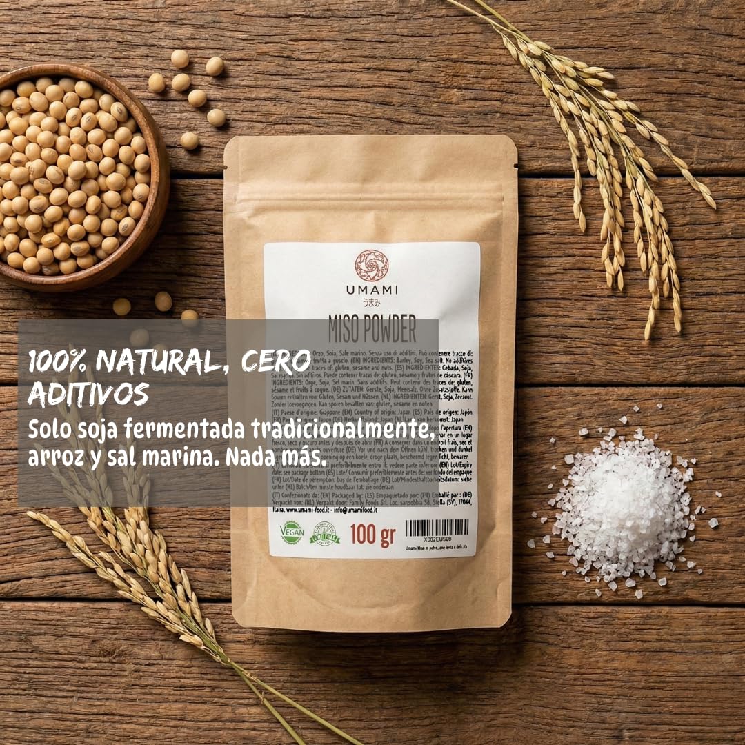 Umami Miso en Polvo Japonés 100g - Sazonador Instantáneo Fermentado - Potenciador de Sabor Natural - Sin Glutamato y Vegano
