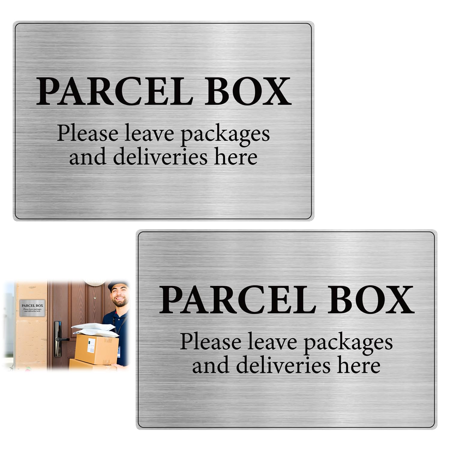 Parcel Box Sign 2 Pack, Aluminium Self Adhesive Delivery Instruction Sign, 15 x 10 cm Silver Parcel Drop Notice for Home Office Entrance, Clear Courier Guidance Plaque for Indoor and Outdoor Use