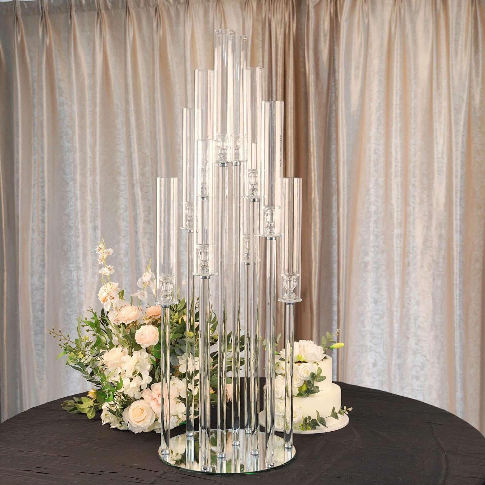 Efavormart 47" Tall - 10 Arms Clear Crystal Cluster Round Candelabra, Pillar Candle Holders with Mirror Base - Perfect for Wedding Ceremonies, Party Decorations, Banquet, Upscale Occasions