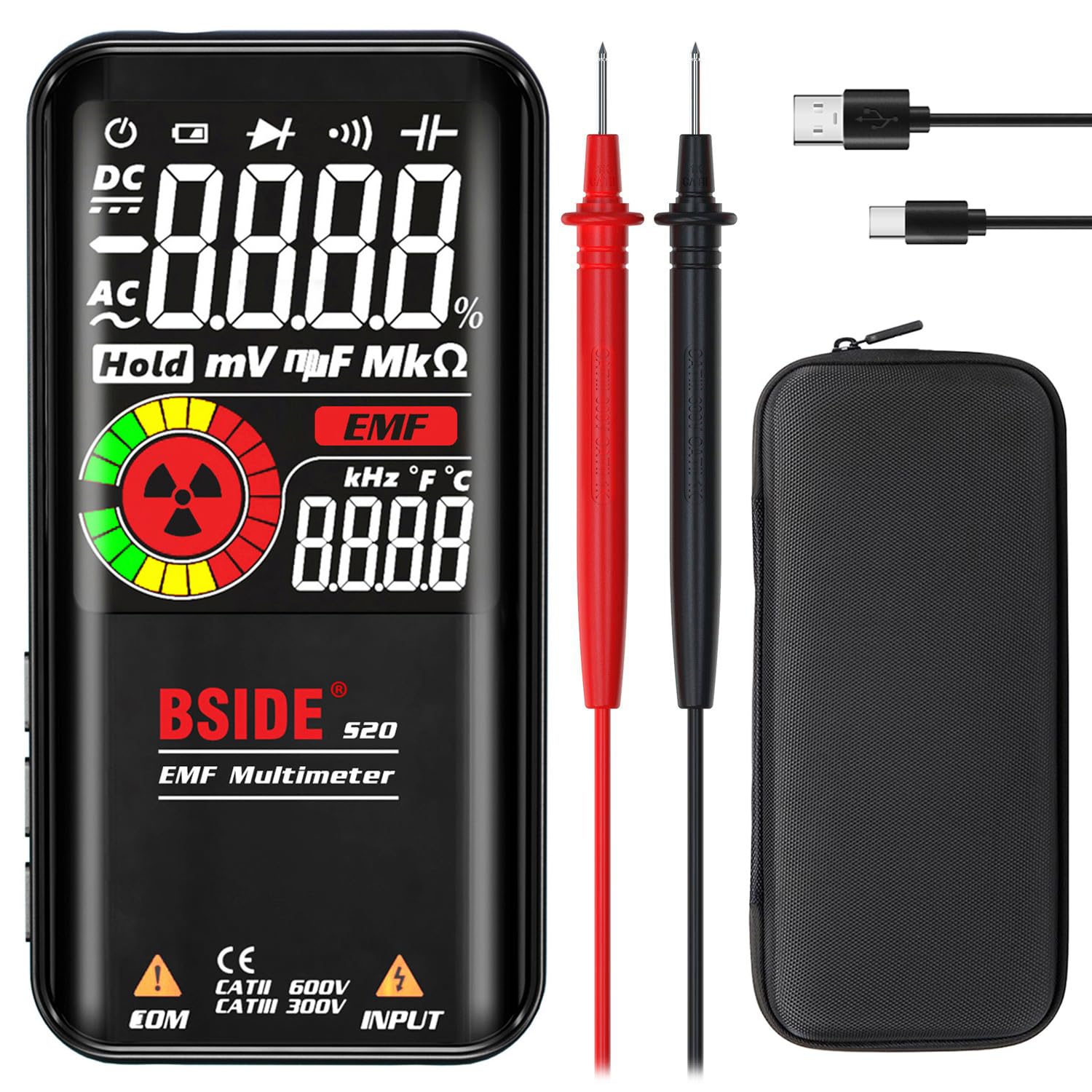 BSIDE S20 Multimetro Digitale Automatico Ricaricabile Display a Colori 3 Risultati Tester Intelligente con Rilevatore EMF Tester di Tensione Capacità Continuità Ohm Hz Diodo Filo Vivo con Custodia
