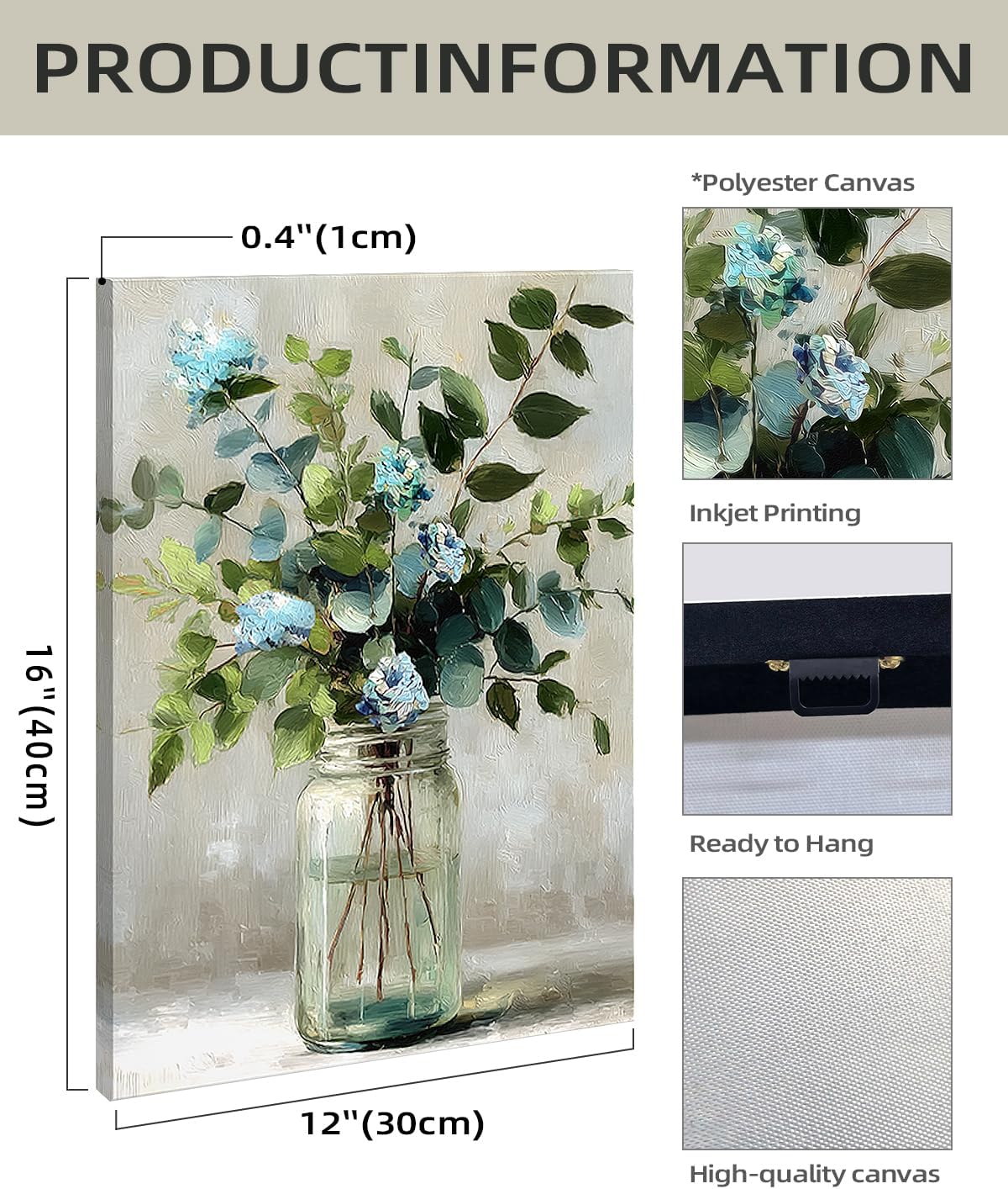 Azartslr Blue Flower With Green Leaves Canvas Wall Art, Farmhouse Rustic Floral Art Prints For Living Room, Vintage Bathroom Painting Poster, Plants Picture Kitchen Bedroom Decoration - Image 3