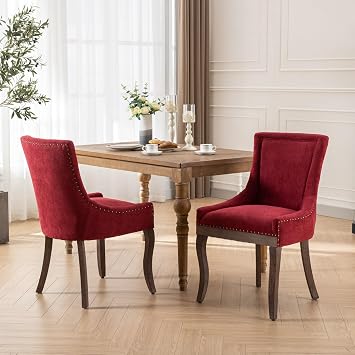 Farmhouse Upholstered Dining Chairs Set of 2, Fabric Vintage Accent Chair with Solid Wood Legs and High Back Support, Nailhead Trim, for Kitchen, Living Room & Dining Room Burgundy