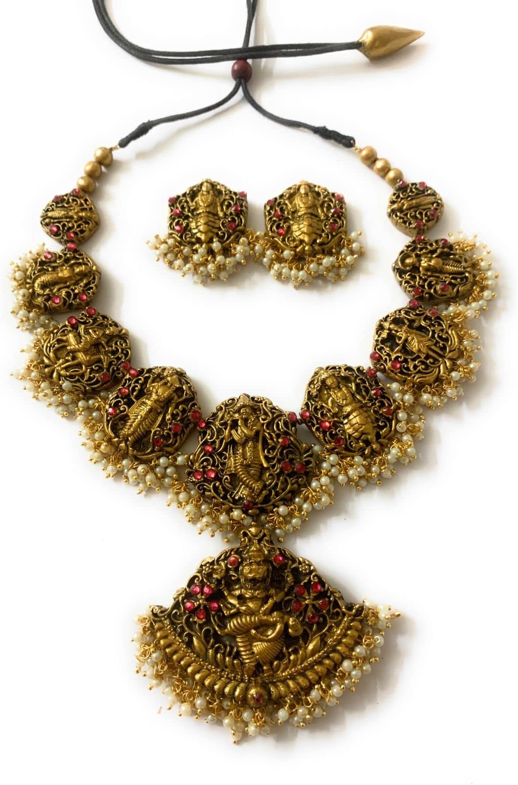 Sanaa's Terracotta Jewellery Handmade Terracotta Chain for Women Gold colour with ruby stone type & bead work (SN-36)