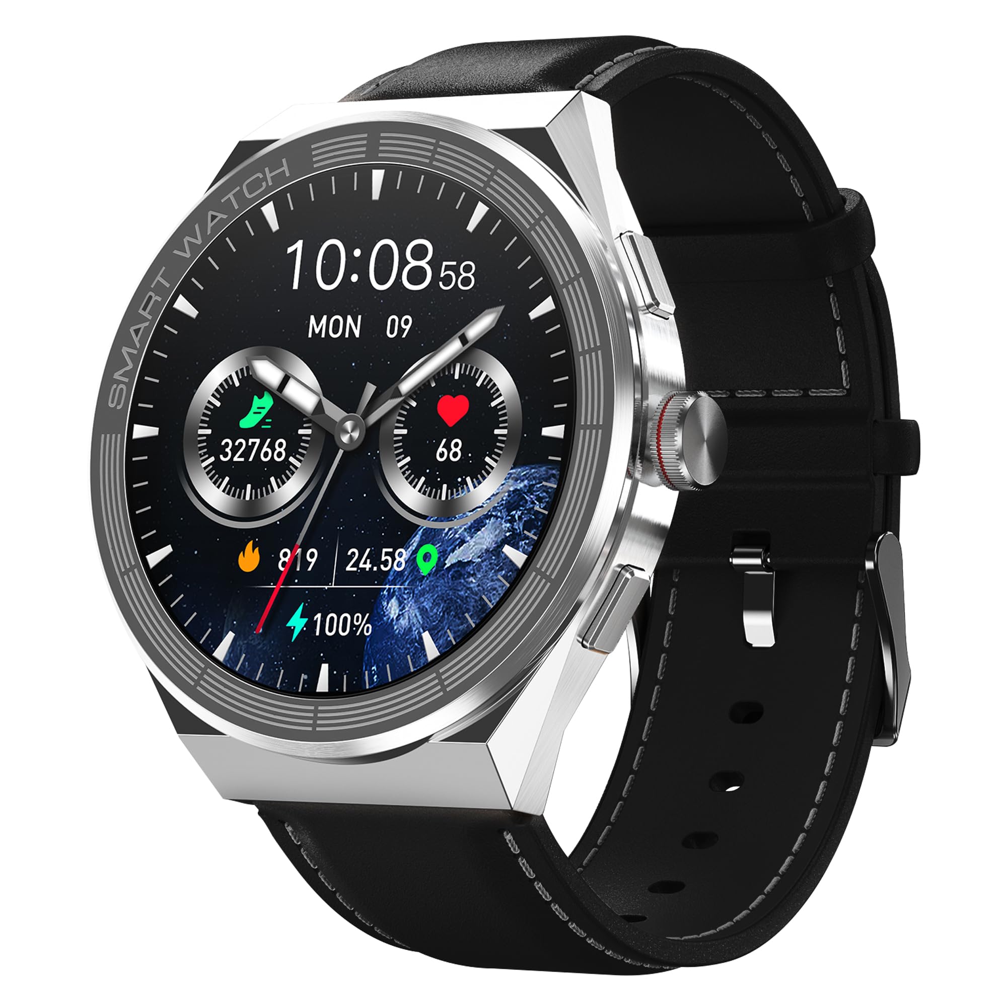 SKMEI Smartwatch Bluetooth Call for Android & iOS for Men's Fitness Tracker with Heart Rate, Blood Pressure & Sleep Monitor, IP68 Waterproof, Long Battery Life - S232 (Black Leather Band)