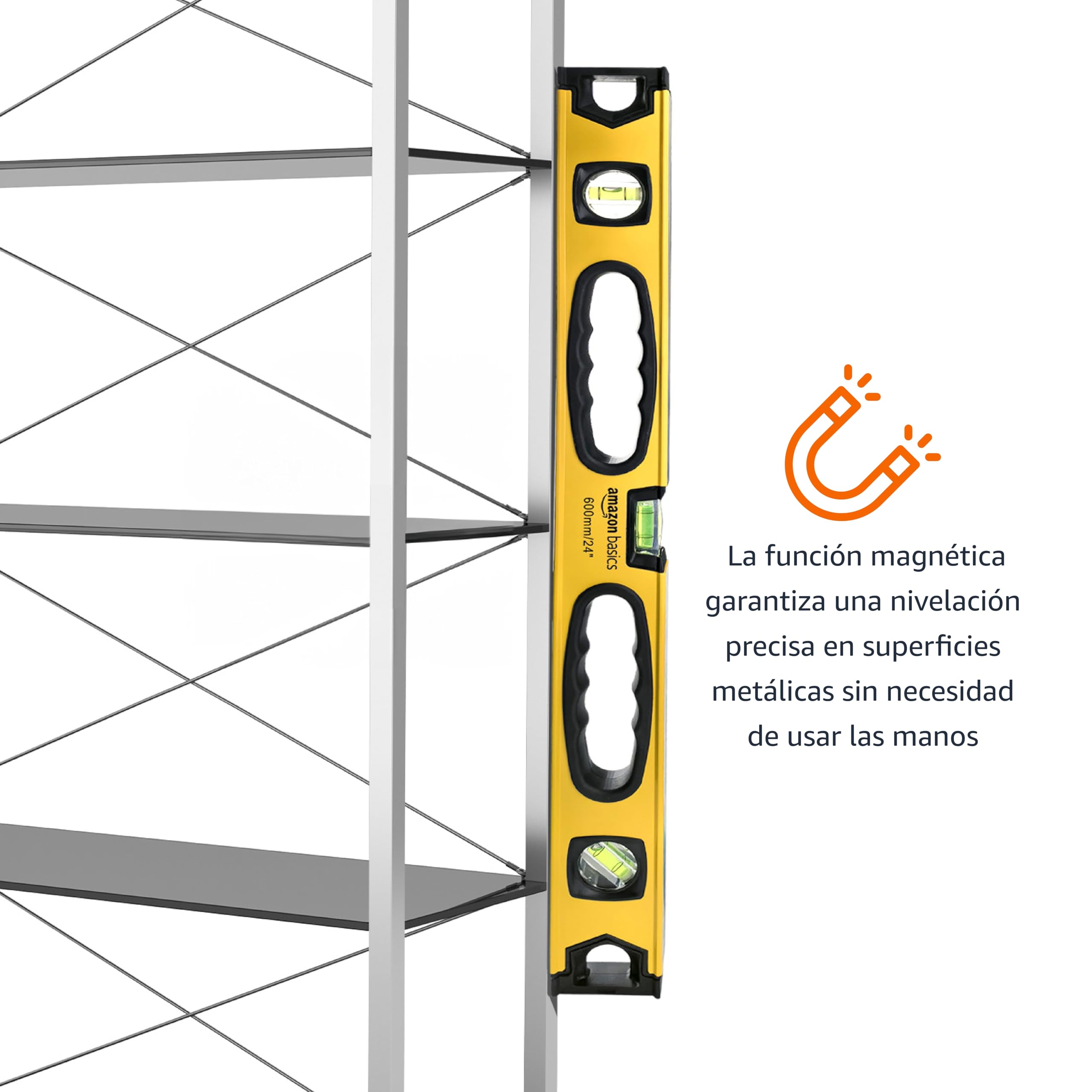 Amazon Basics Nivel de burbuja magnético de aleación de aluminio resistente a los golpes, de 60.9 cm, plomada/nivel/burbujas, 180, 90 y 45 grados, Amarillo,negro