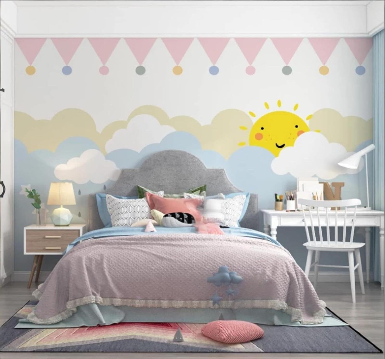 Wallpaper-3D-Xlm 200Cm×140Cm(B×H) Minimalist Cartoon Clouds Stars Sun 3D Wallpaper Easy Install Feature Office Living Room Sofa Bedroom Tv Background Wall Decoration-200Cm×140Cm