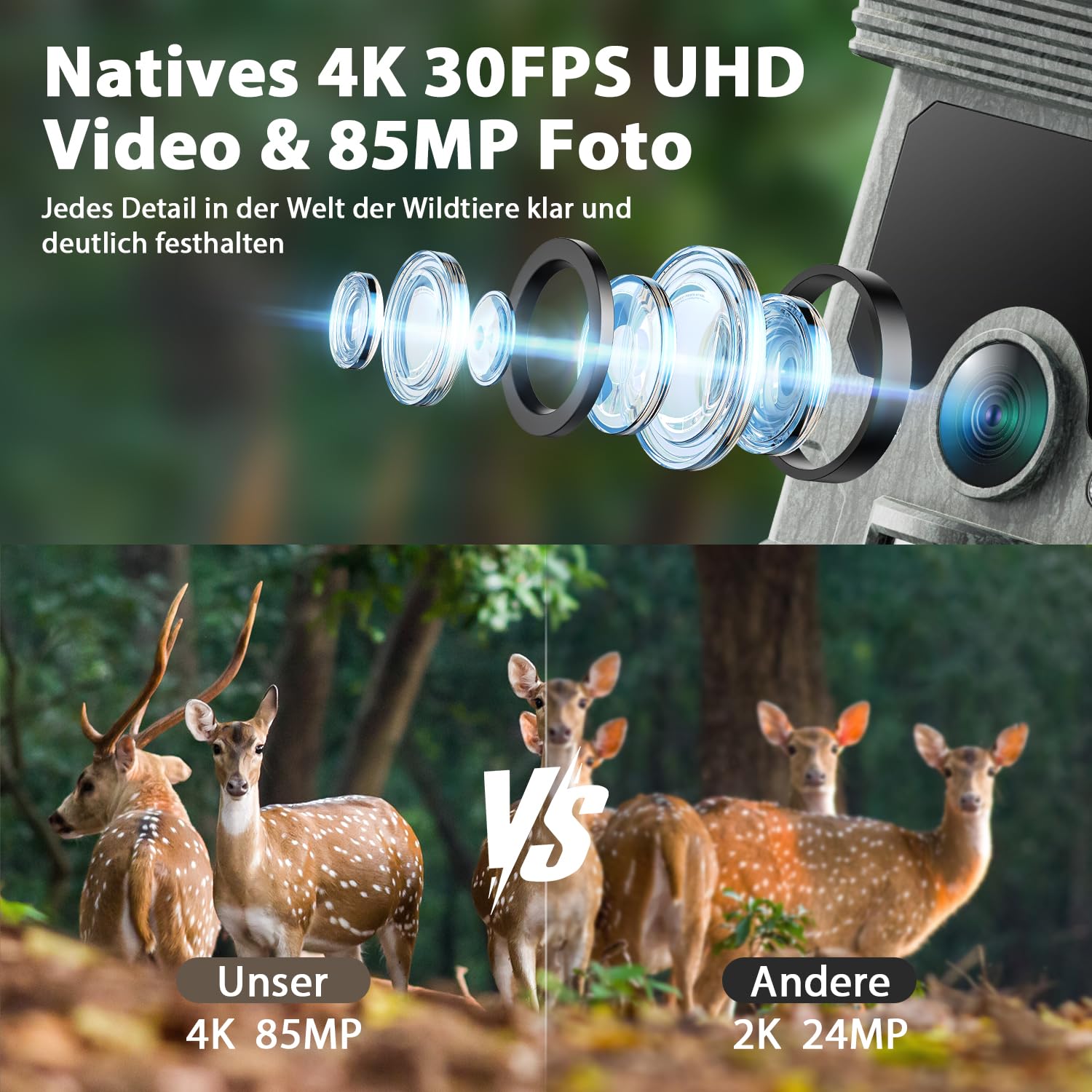 VOOPEAK Wildkamera Solar WLAN 4K 30fps 85MP, Wildkamera mit Handyübertragung APP, Wildtierkamera mit Bewegungsmelder Nachtsicht 120° Weitwinkel IP66 wasserdichte mit 32GB Micro SD Karte