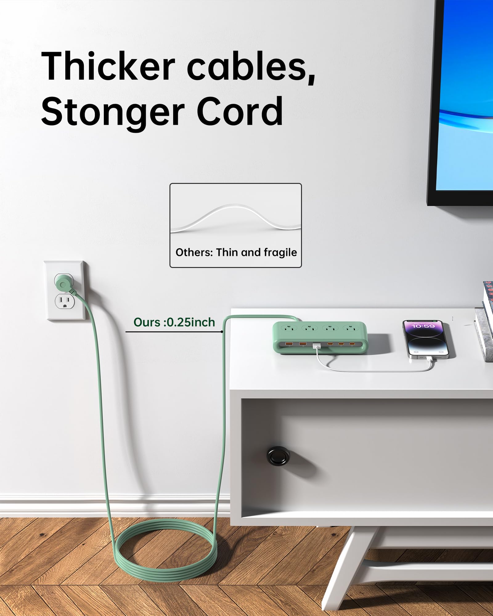 Multiprise avec ports USB, parasurtenseur avec 4 prises CA, 3 ports USB-A et 3 ports USB-C, vert