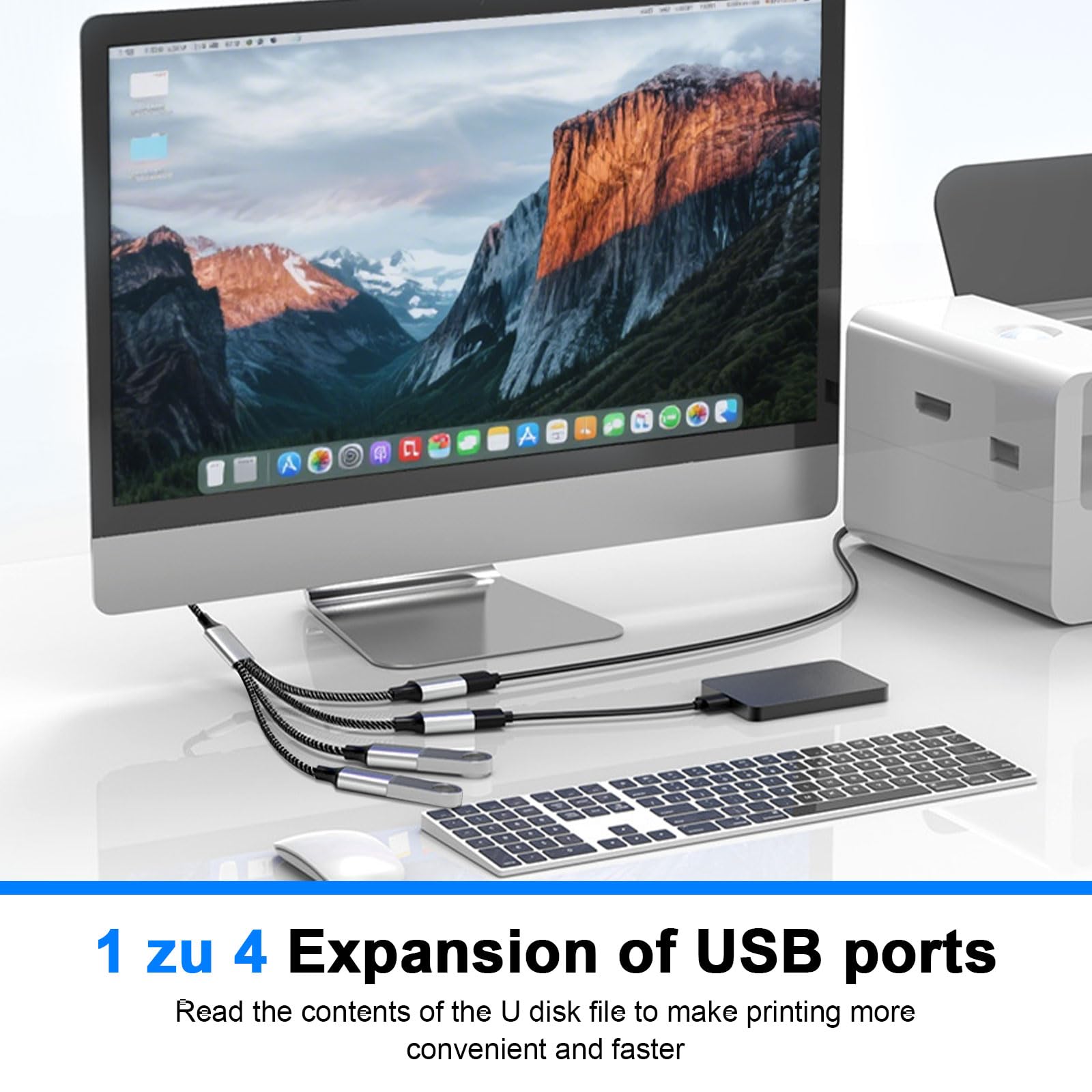 Wowfast USB-splitter 1 tot 4 kabels, meervoudige stekker, USB-poort-verdeler, zachte adapter, stekker naar 4 x 2.0 bus, USB-hub, kabelconverter voor pc, laptop, auto, tv, ledlamp, printer, toetsenbord