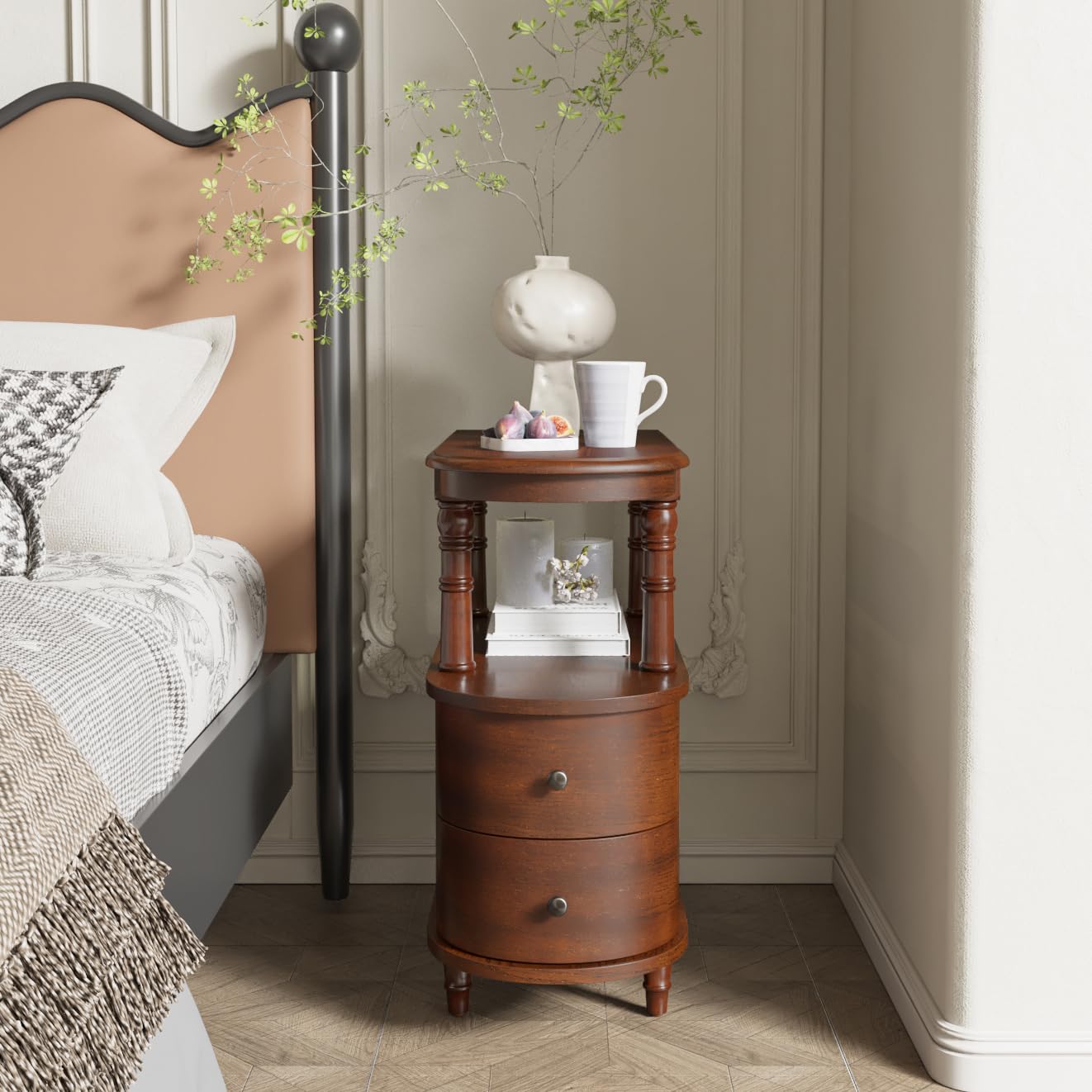 Mesa auxiliar de madera con 2 cajones y estante, sofá estrecho mesa auxiliar para salón, mesita de noche vintage delgada para dormitorio, silla delgada, mesa auxiliar cereza nogal