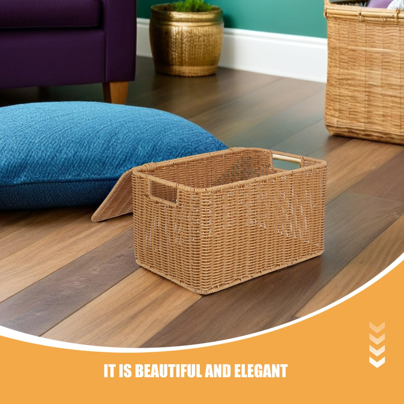 Cesta de Almacenamiento Tejida Gran Capacidad Cesta Tejida de Ratán de Imitación Rectangular con Tapa Color Caqui Organiza y Oculta Objetos Diversos para Baño y Dormitorio