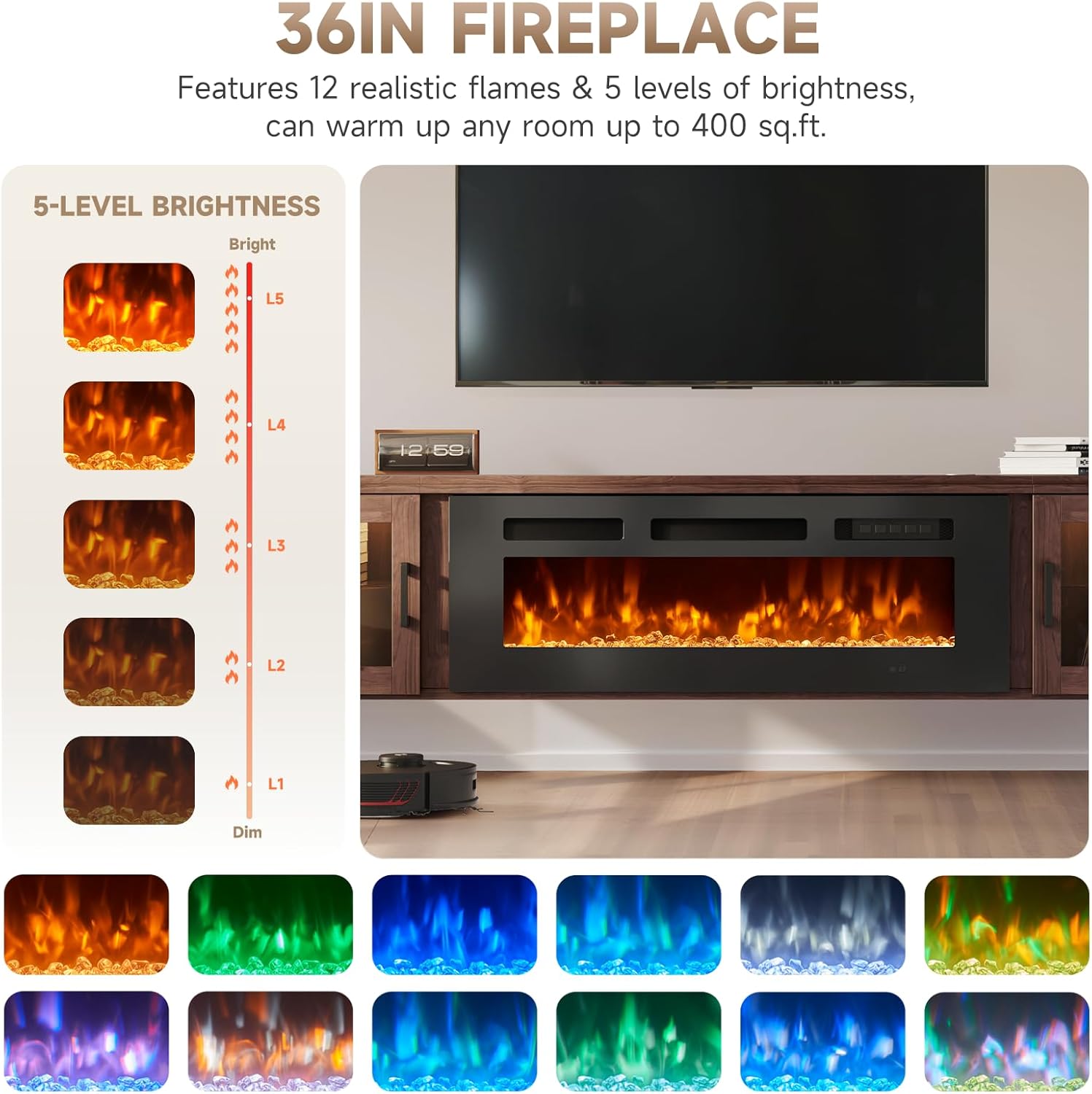 Floating TV Stand, High Gloss Finish Wall Mounted Fireplace Entertainment Center with Storage for TVs Up to 80", 70IN Black TV Console and 36IN Brown Fireplace - Image 7