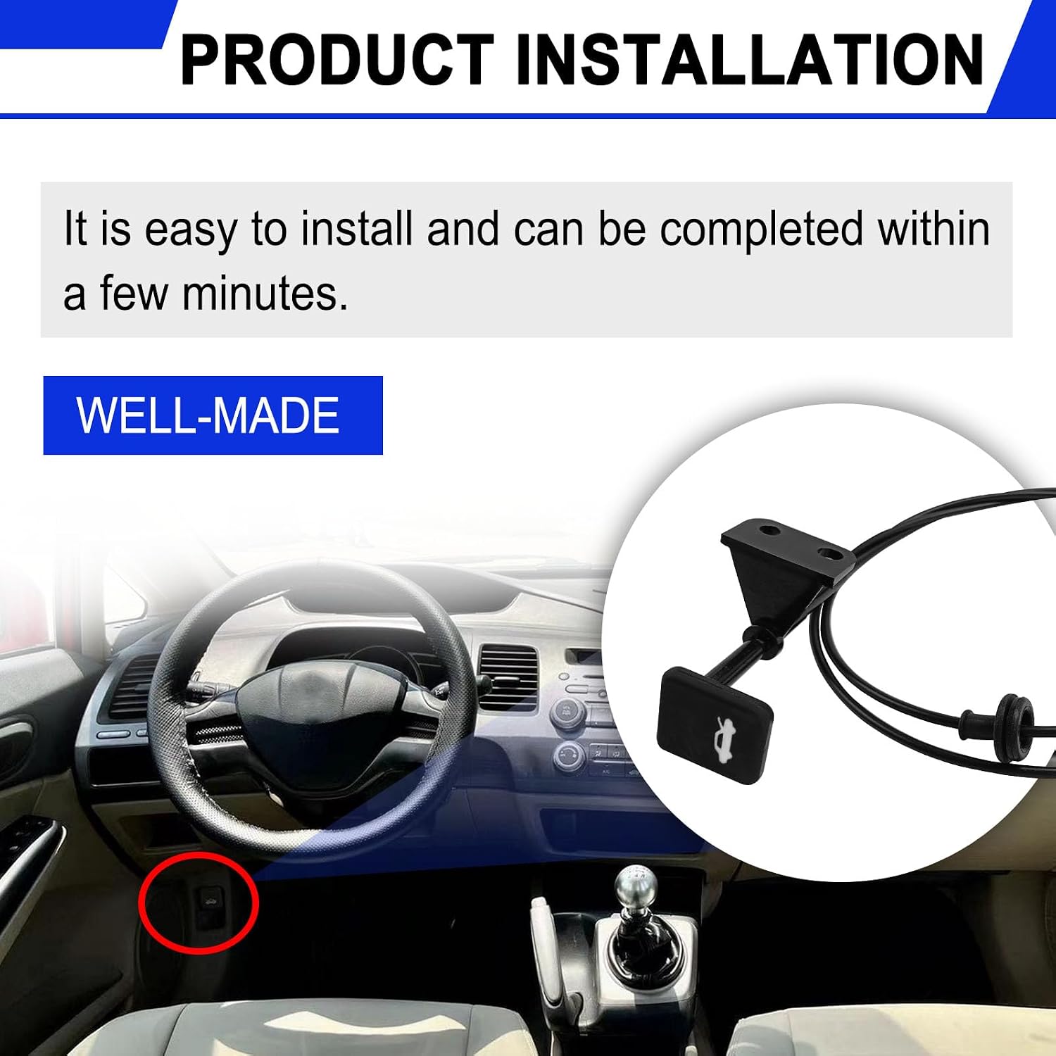Hood Release Cable with Handle Replacement 74130S01A01 Compatible with 1996-2000 Honda Civic 16L Models Direct Replace OE# Part 912010